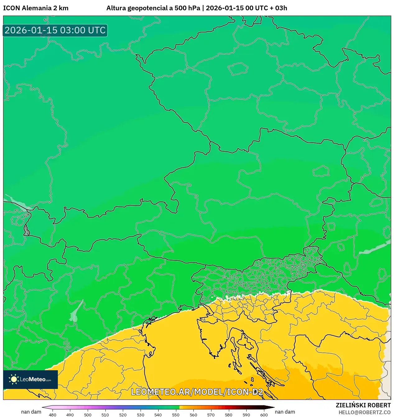 ICON Alemania 2 km model - Austria, Altura geopotencial a 500 hPa