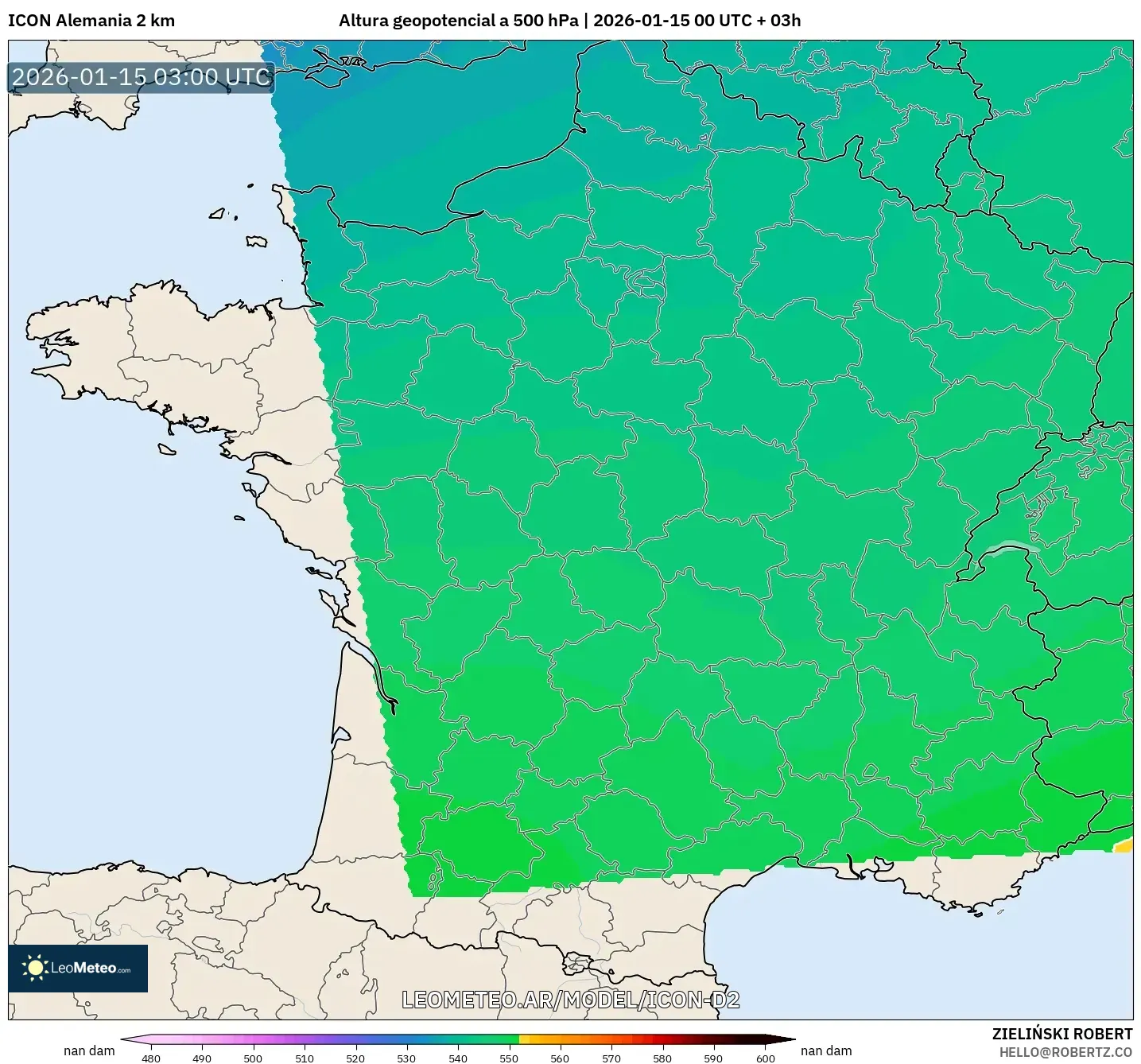 ICON Alemania 2 km model - Francia, Altura geopotencial a 500 hPa