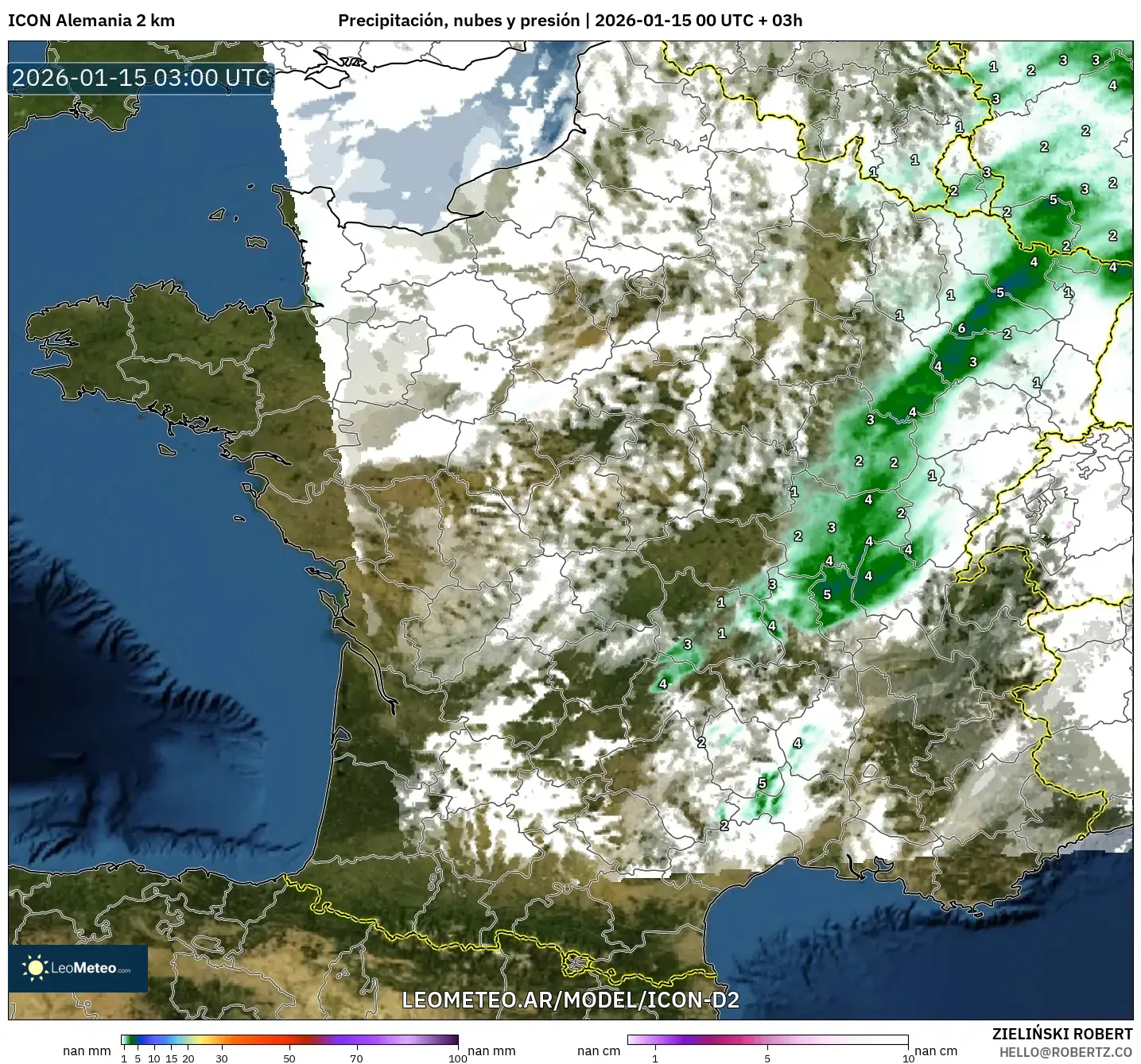 ICON Alemania 2 km model - Francia, Precipitación, nubes y presión