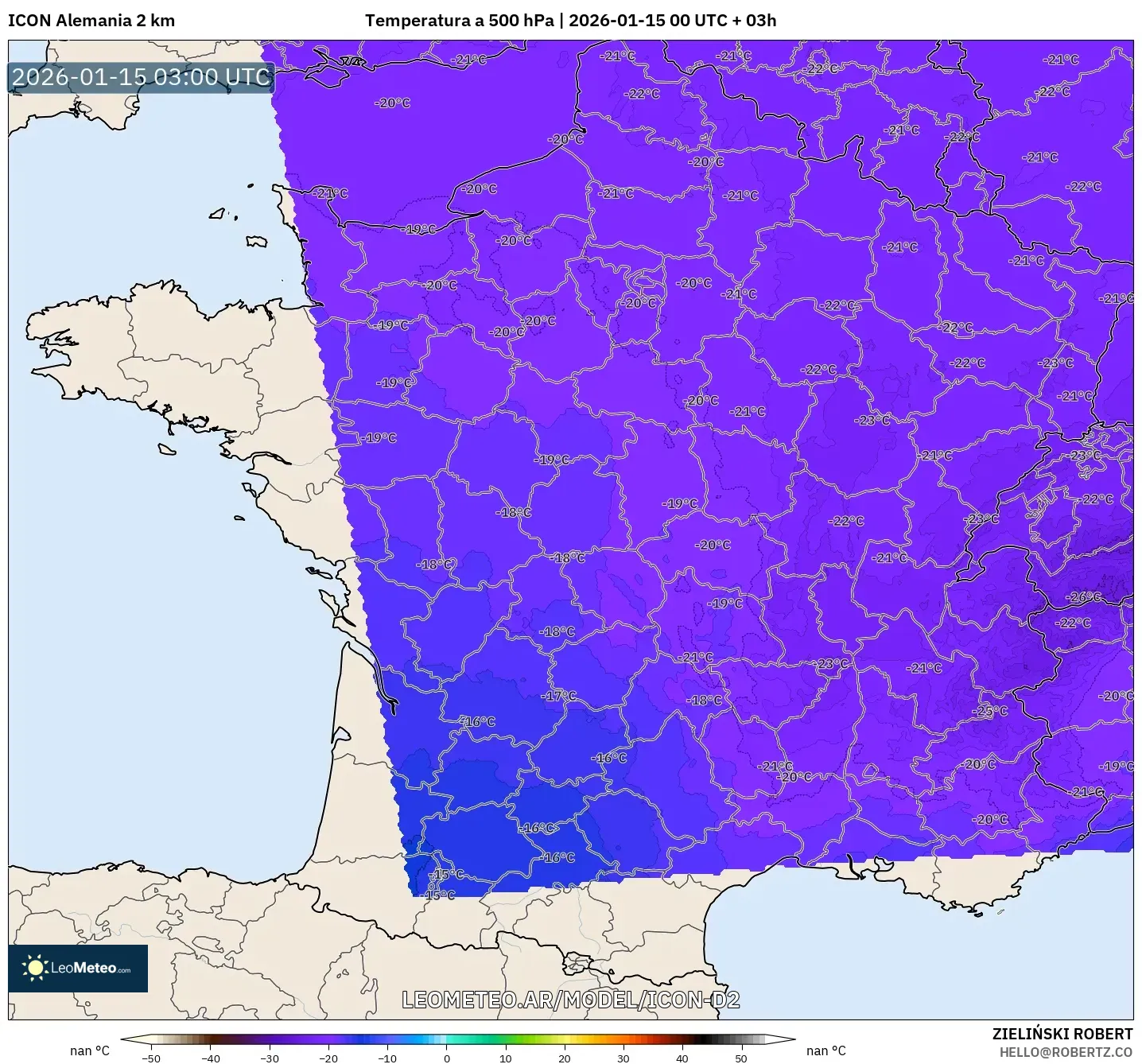 ICON Alemania 2 km model - Francia, Temperatura a 500 hPa