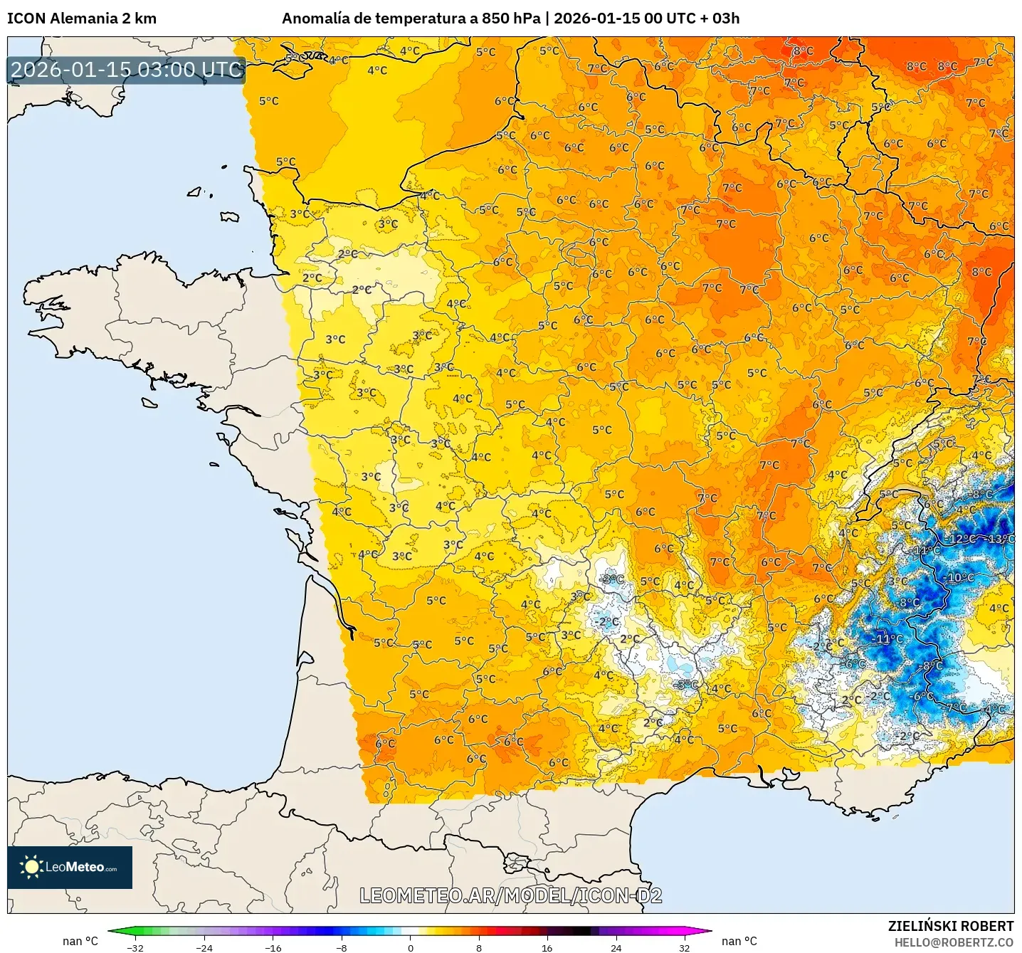 ICON Alemania 2 km model - Francia, Anomalía de temperatura a 850 hPa
