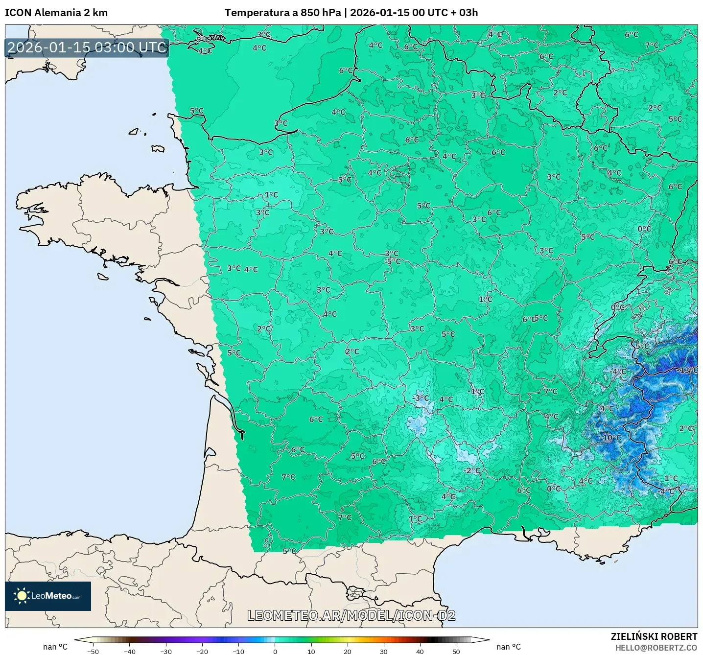 ICON Alemania 2 km model - Francia, Temperatura a 850 hPa