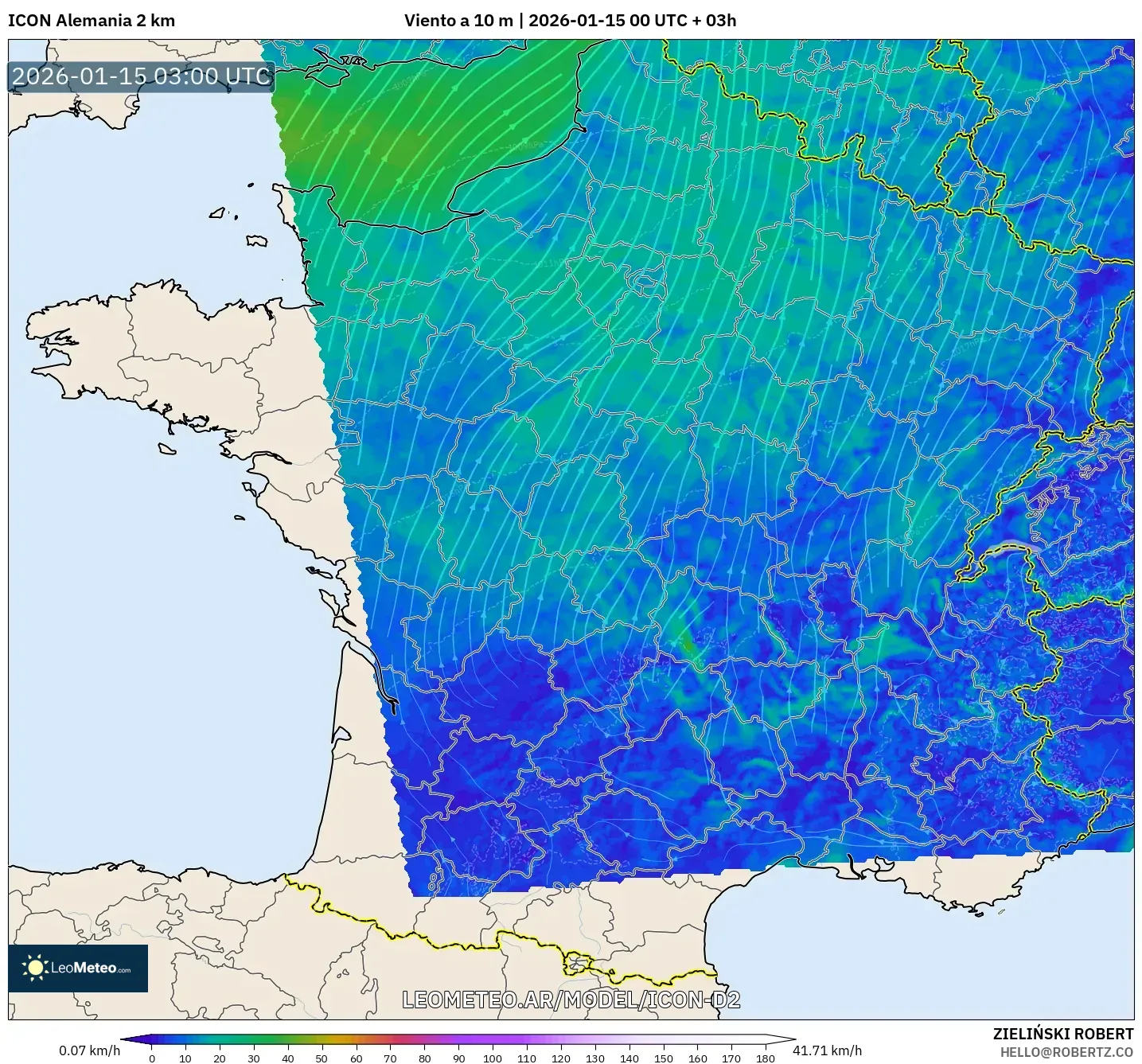 ICON Alemania 2 km model - Francia, Viento a 10 m