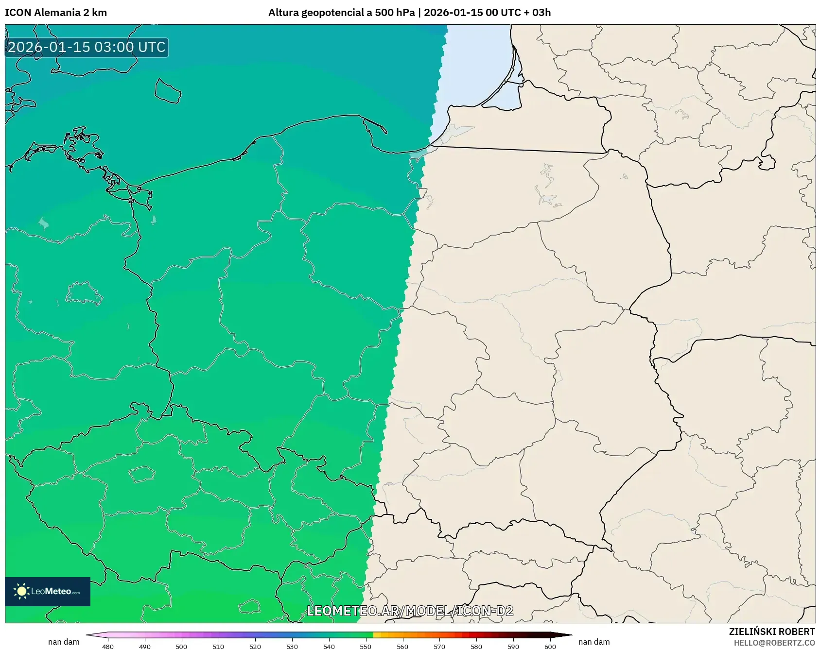 ICON Alemania 2 km model - Polonia, Altura geopotencial a 500 hPa