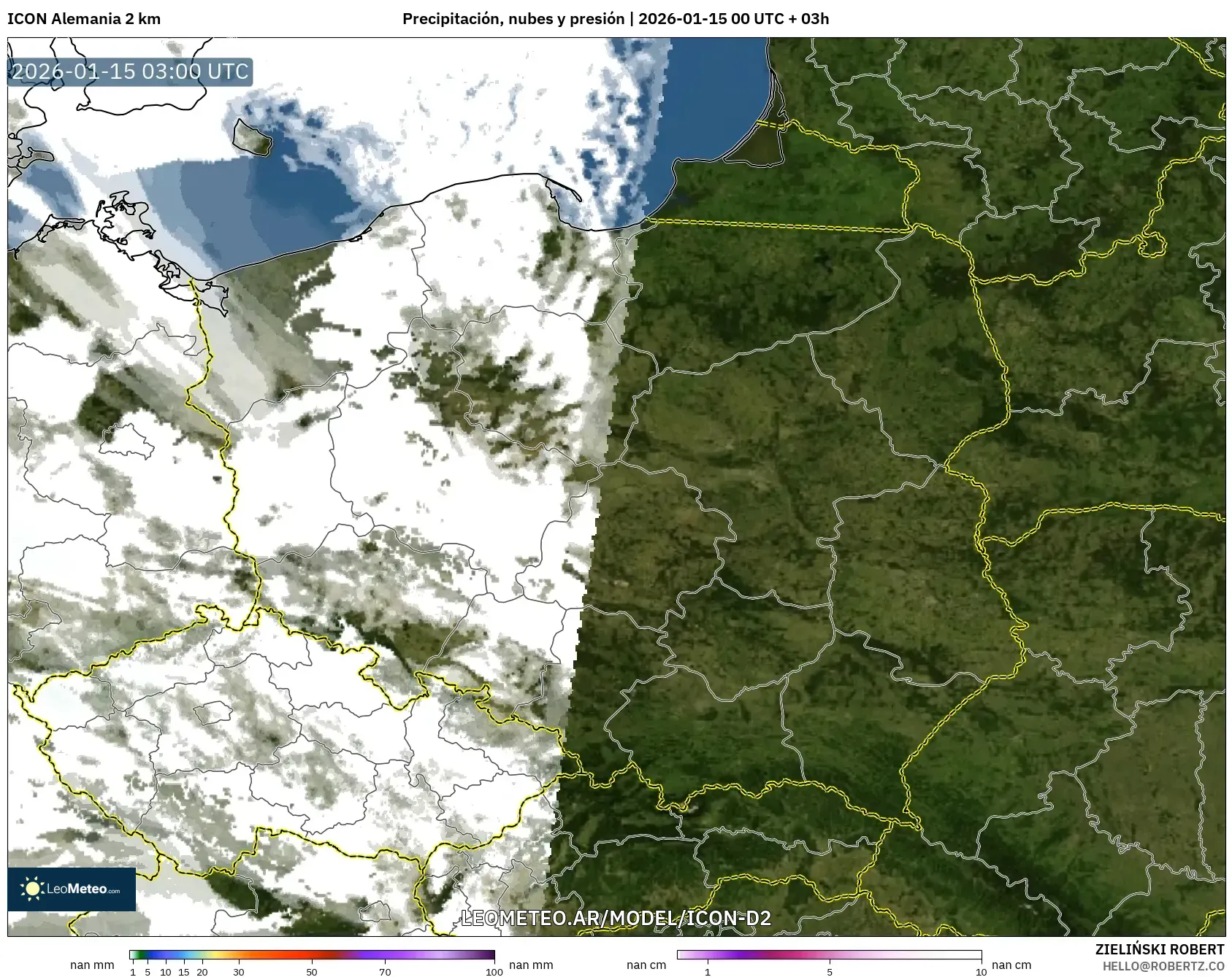 ICON Alemania 2 km model - Polonia, Precipitación, nubes y presión