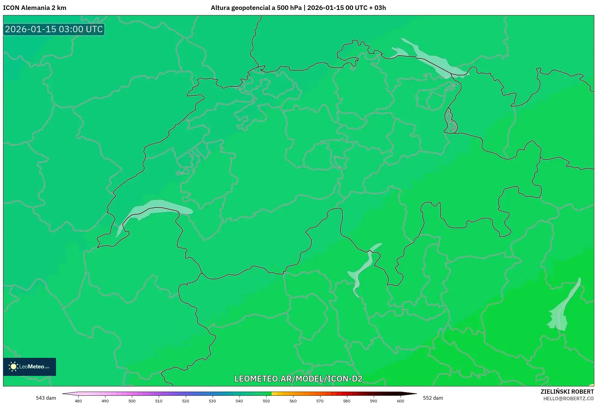 ICON Alemania 2 km model - Suiza, Altura geopotencial a 500 hPa