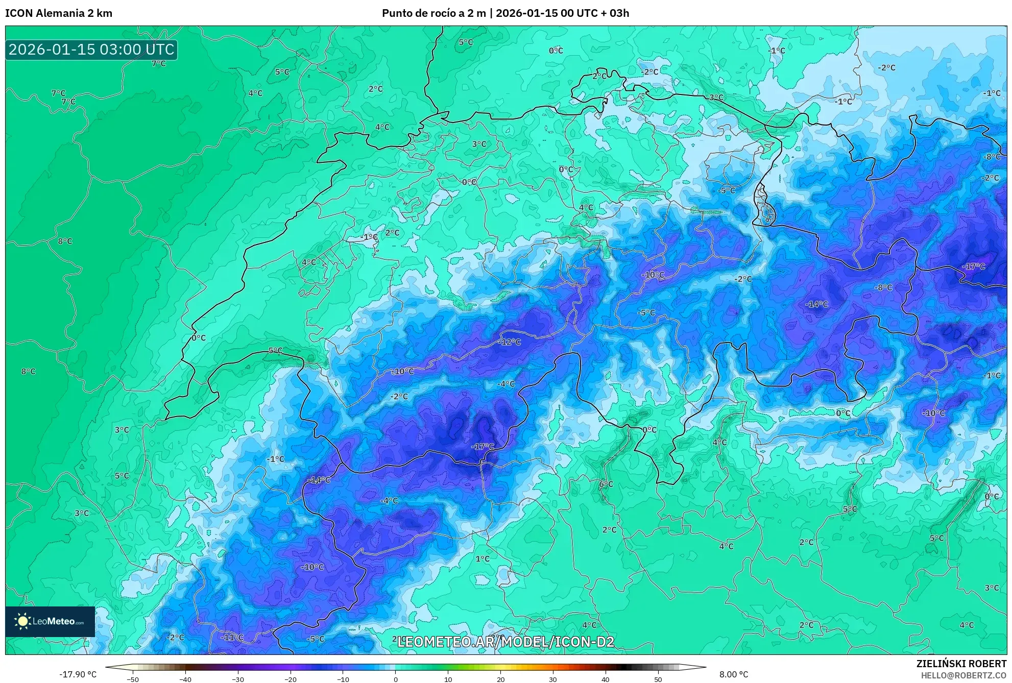 ICON Alemania 2 km model - Suiza, Punto de rocío a 2 m