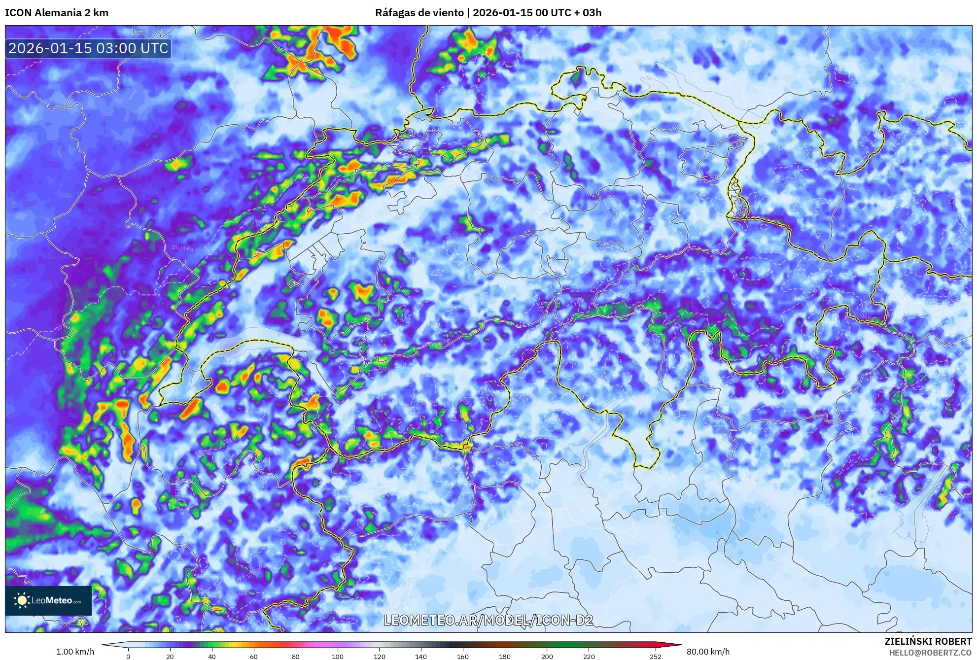 ICON Alemania 2 km model - Suiza, Ráfagas de viento