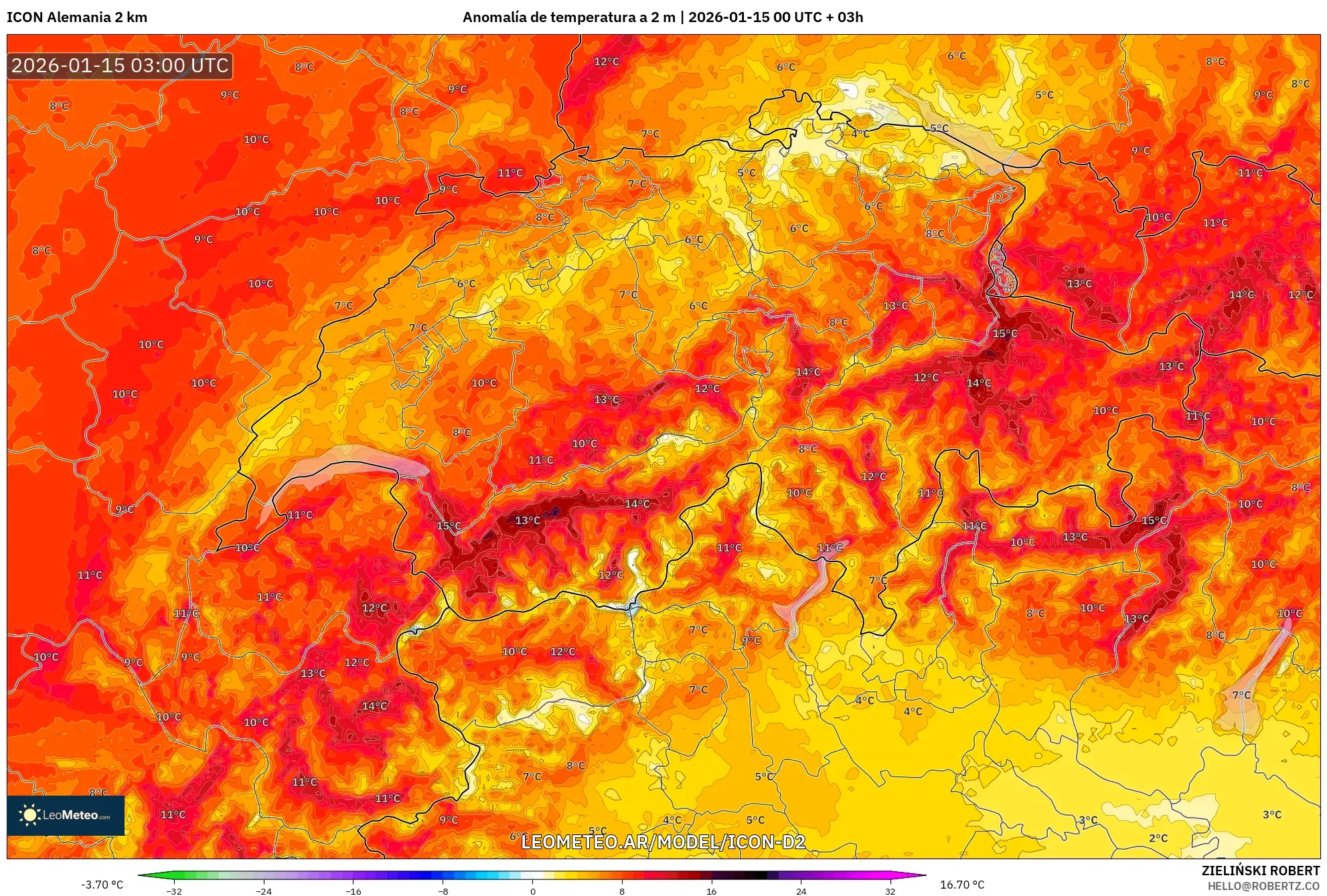 ICON Alemania 2 km model - Suiza, Anomalía de temperatura a 2 m