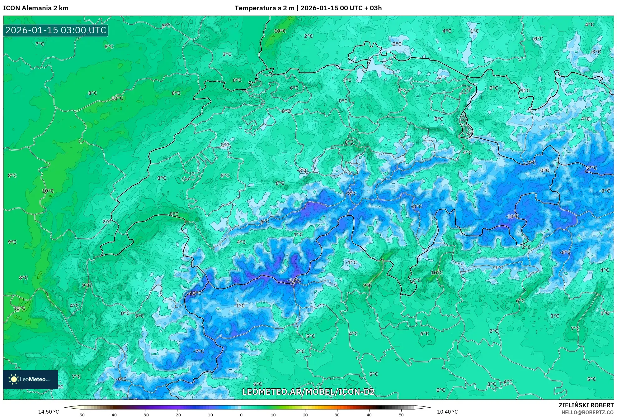 ICON Alemania 2 km model - Suiza, Temperatura a 2 m