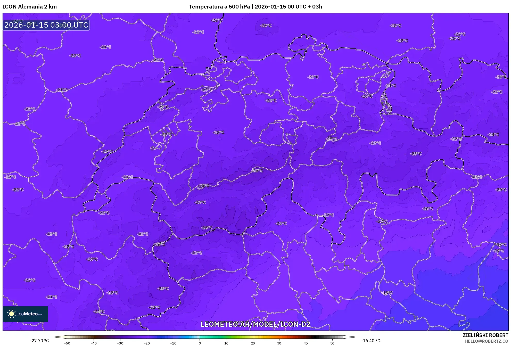ICON Alemania 2 km model - Suiza, Temperatura a 500 hPa