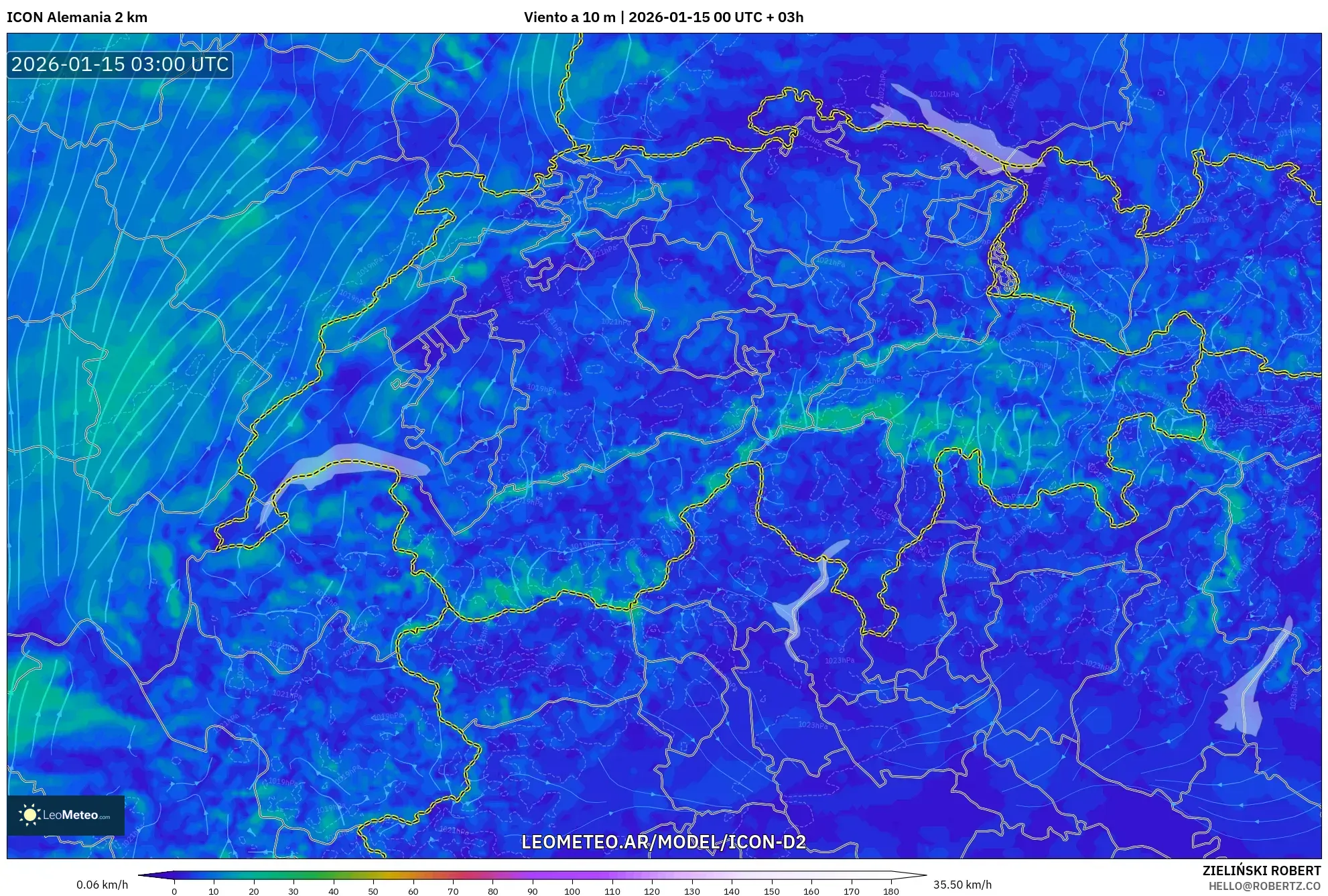 ICON Alemania 2 km model - Suiza, Viento a 10 m