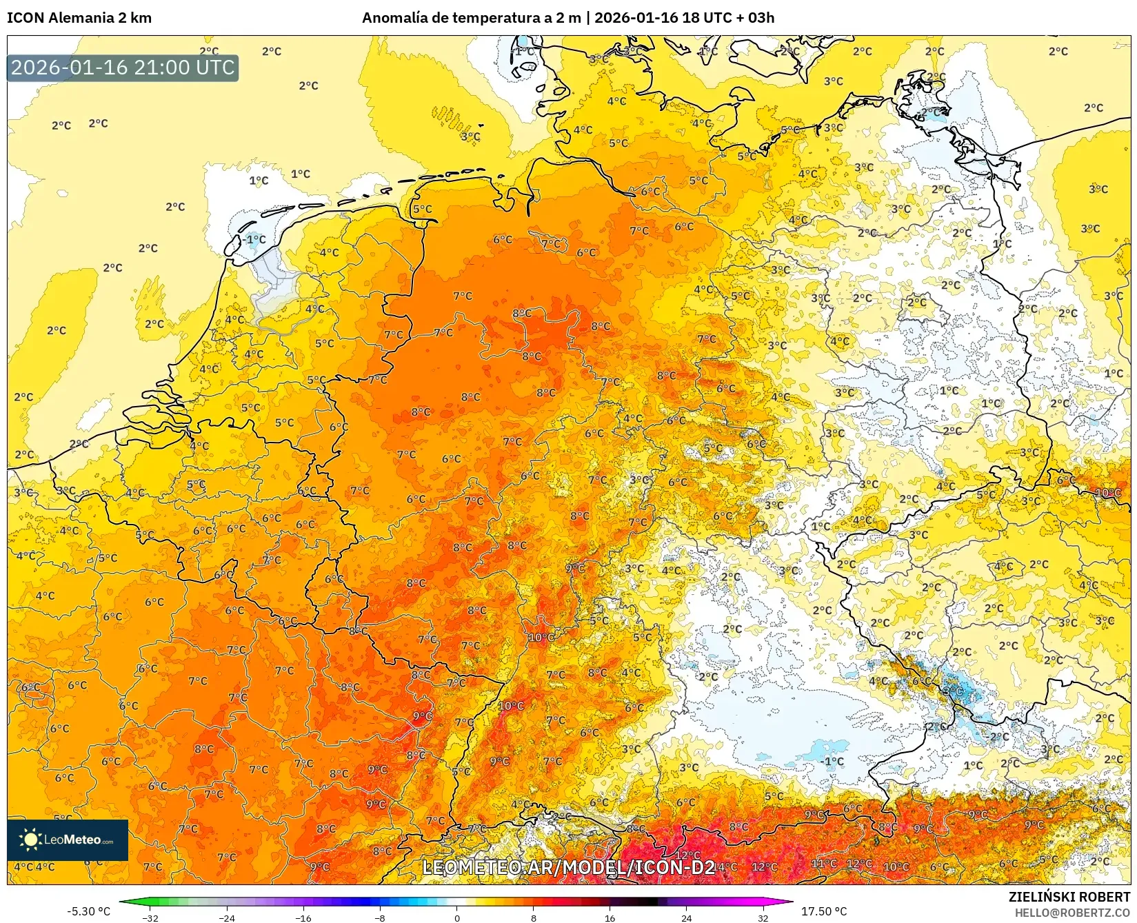 ICON Alemania 2 km model - Alemania, Anomalía de temperatura a 2 m