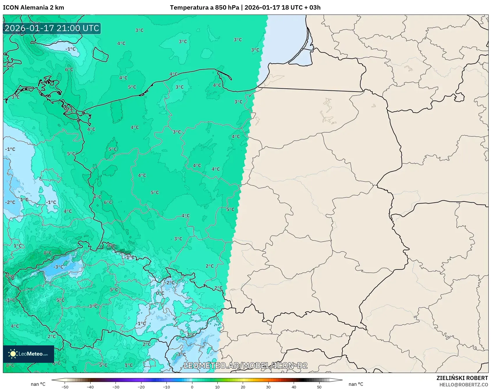 ICON Alemania 2 km model - Polonia, Temperatura a 850 hPa