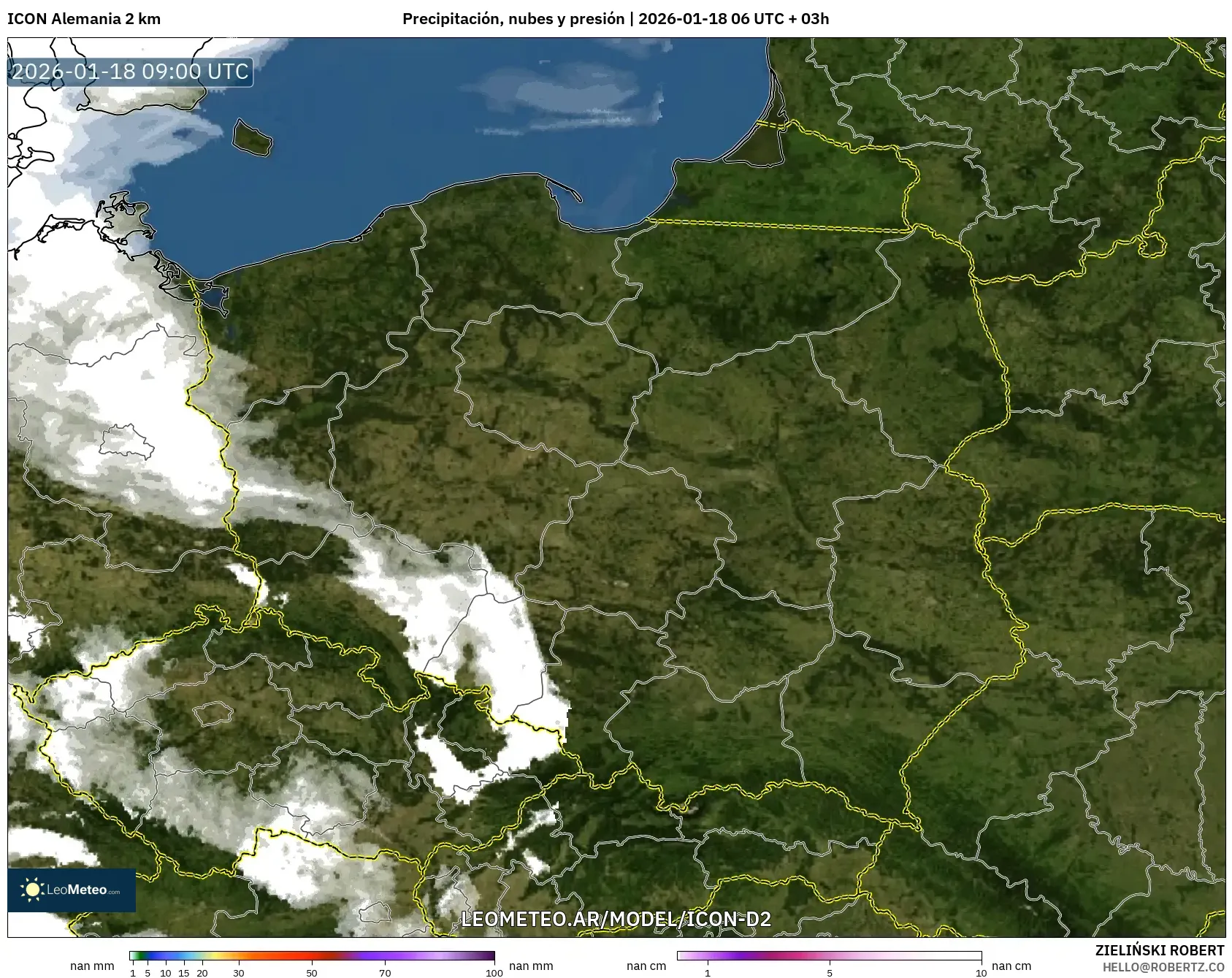 ICON Alemania 2 km model - Polonia, Precipitación, nubes y presión