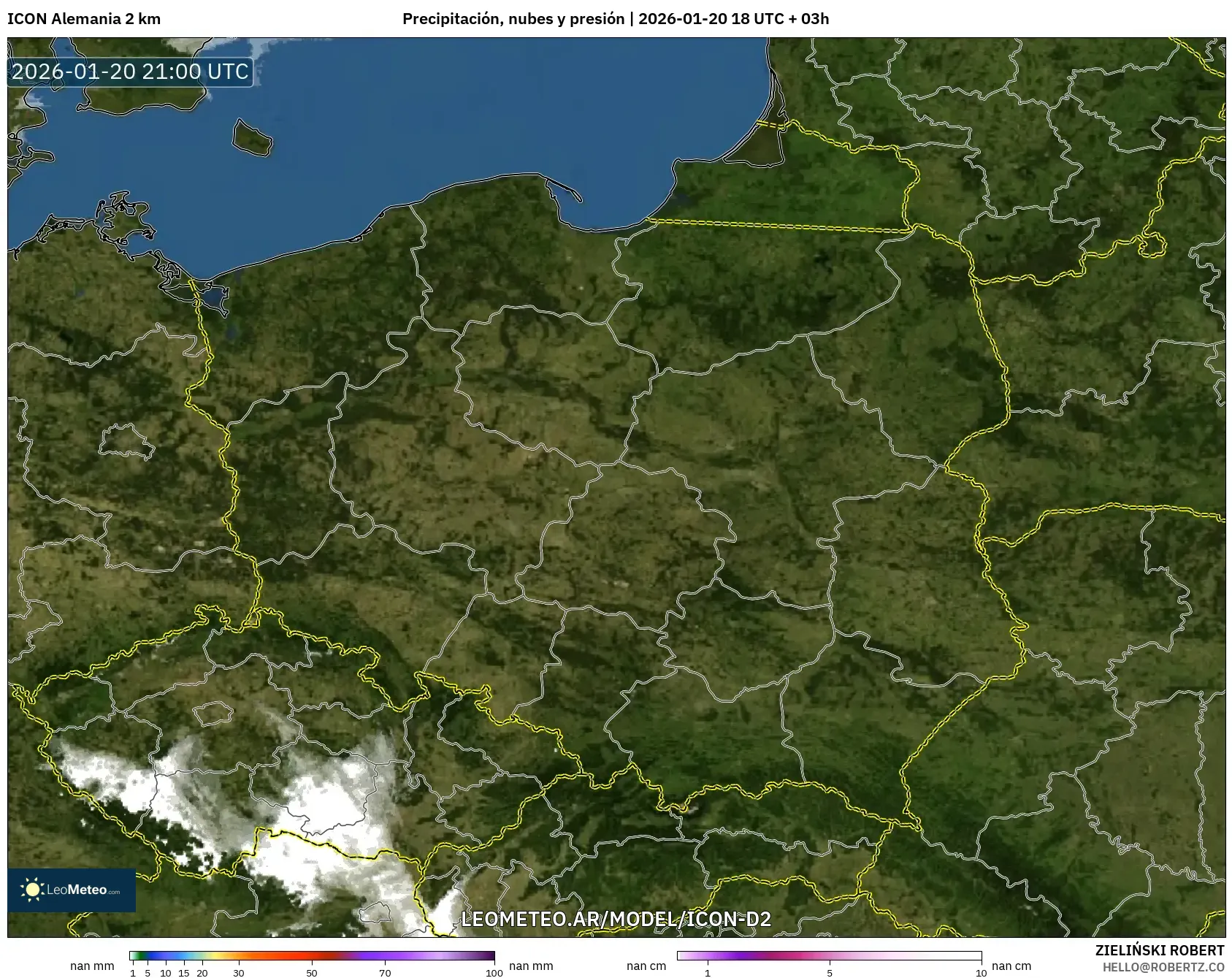 ICON Alemania 2 km model - Polonia, Precipitación, nubes y presión