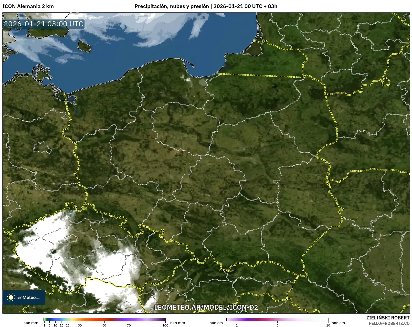ICON Alemania 2 km model - Polonia, Precipitación, nubes y presión
