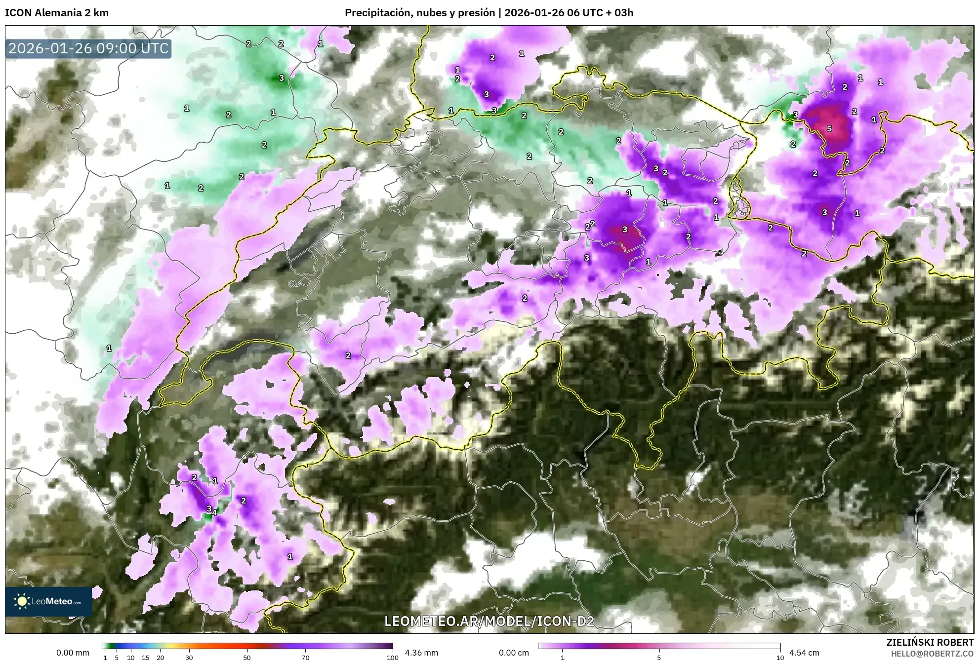 ICON Alemania 2 km model - Suiza, Precipitación, nubes y presión