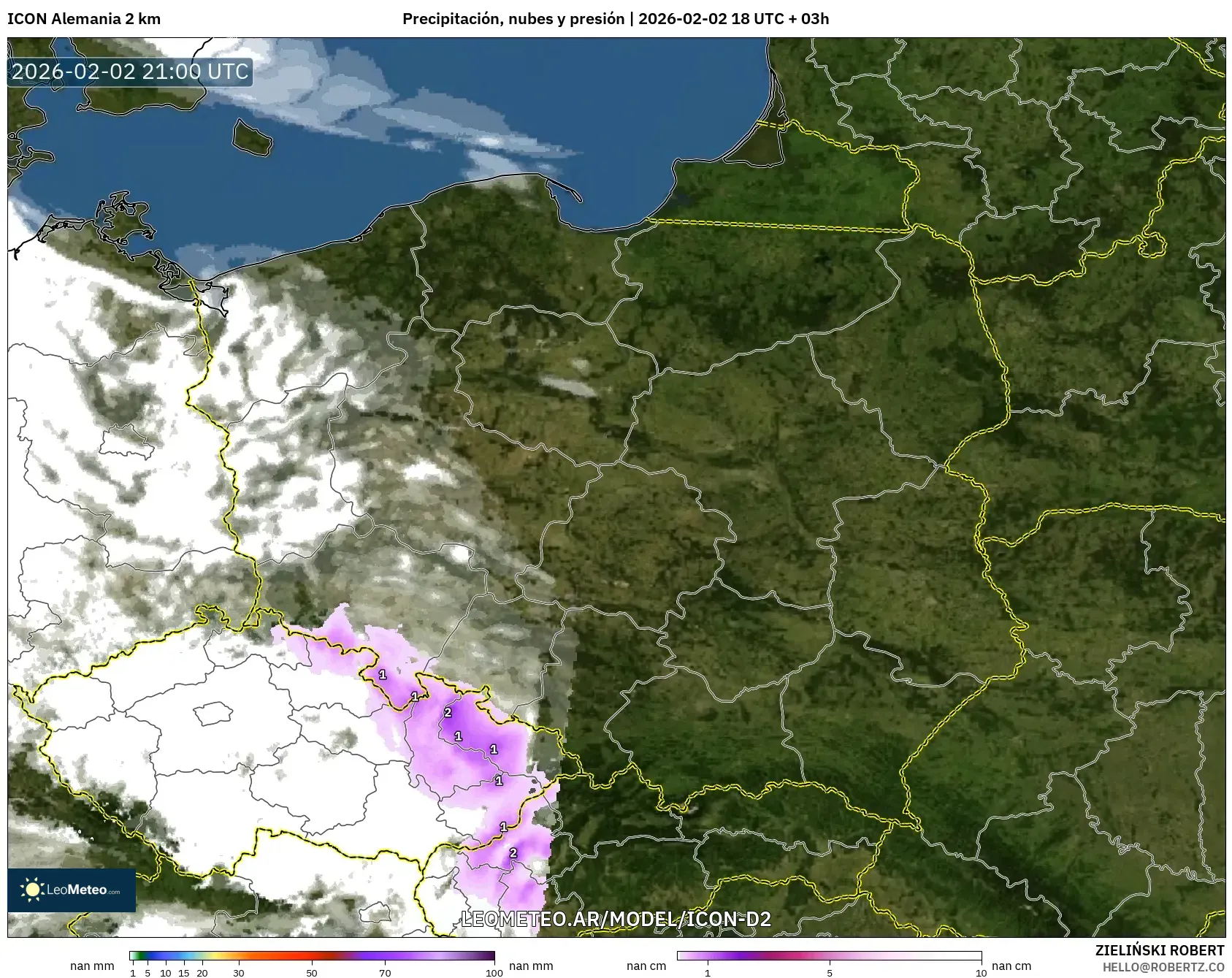 ICON Alemania 2 km model - Polonia, Precipitación, nubes y presión