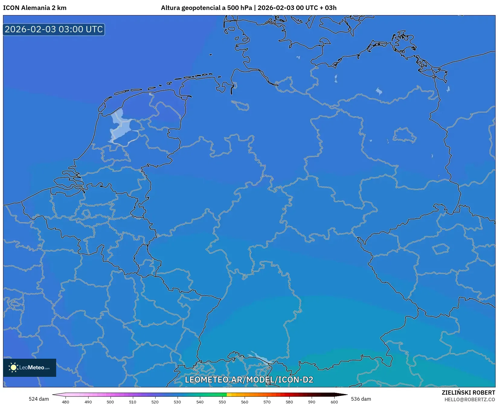 ICON Alemania 2 km model - Alemania, Altura geopotencial a 500 hPa