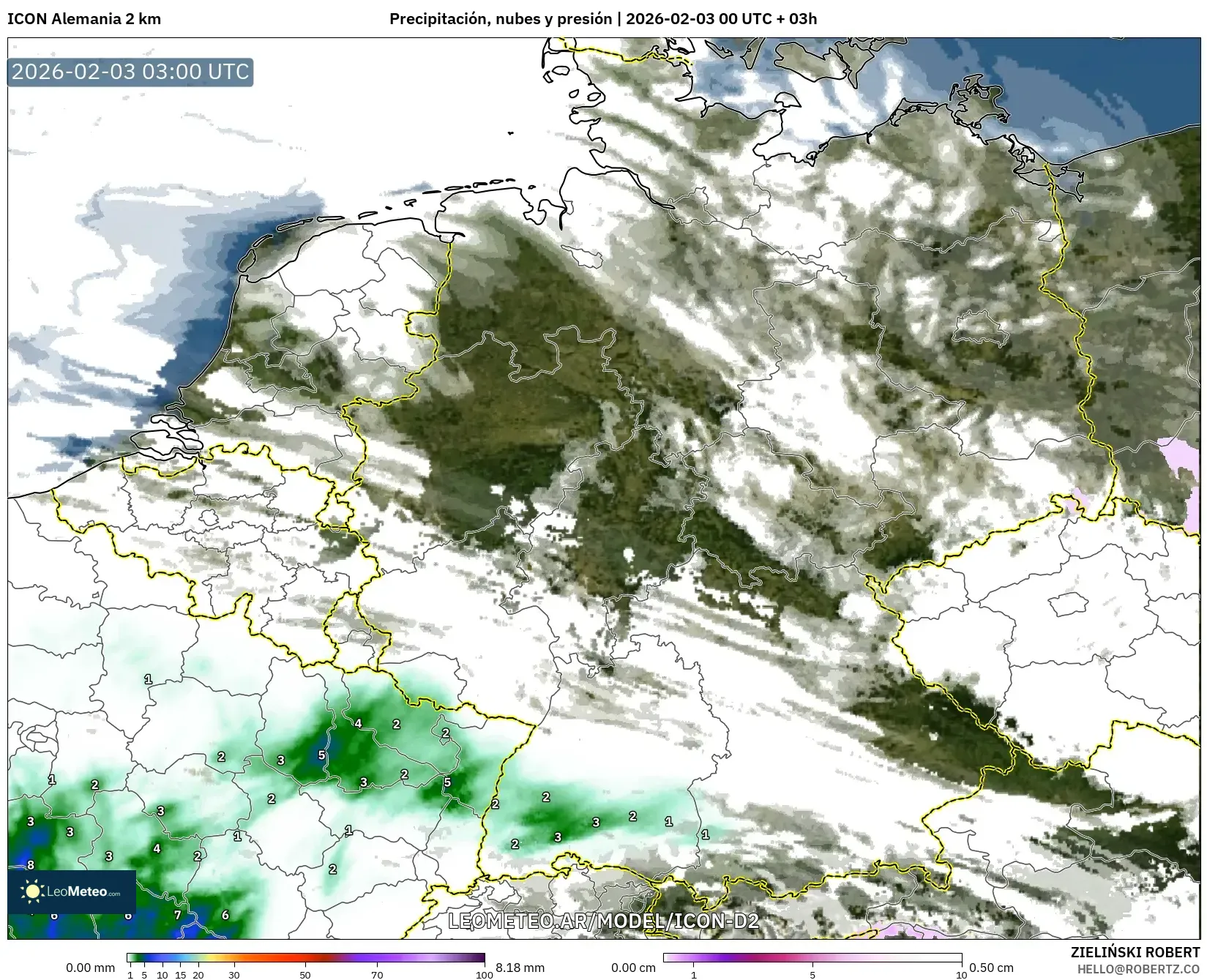 ICON Alemania 2 km model - Alemania, Precipitación, nubes y presión