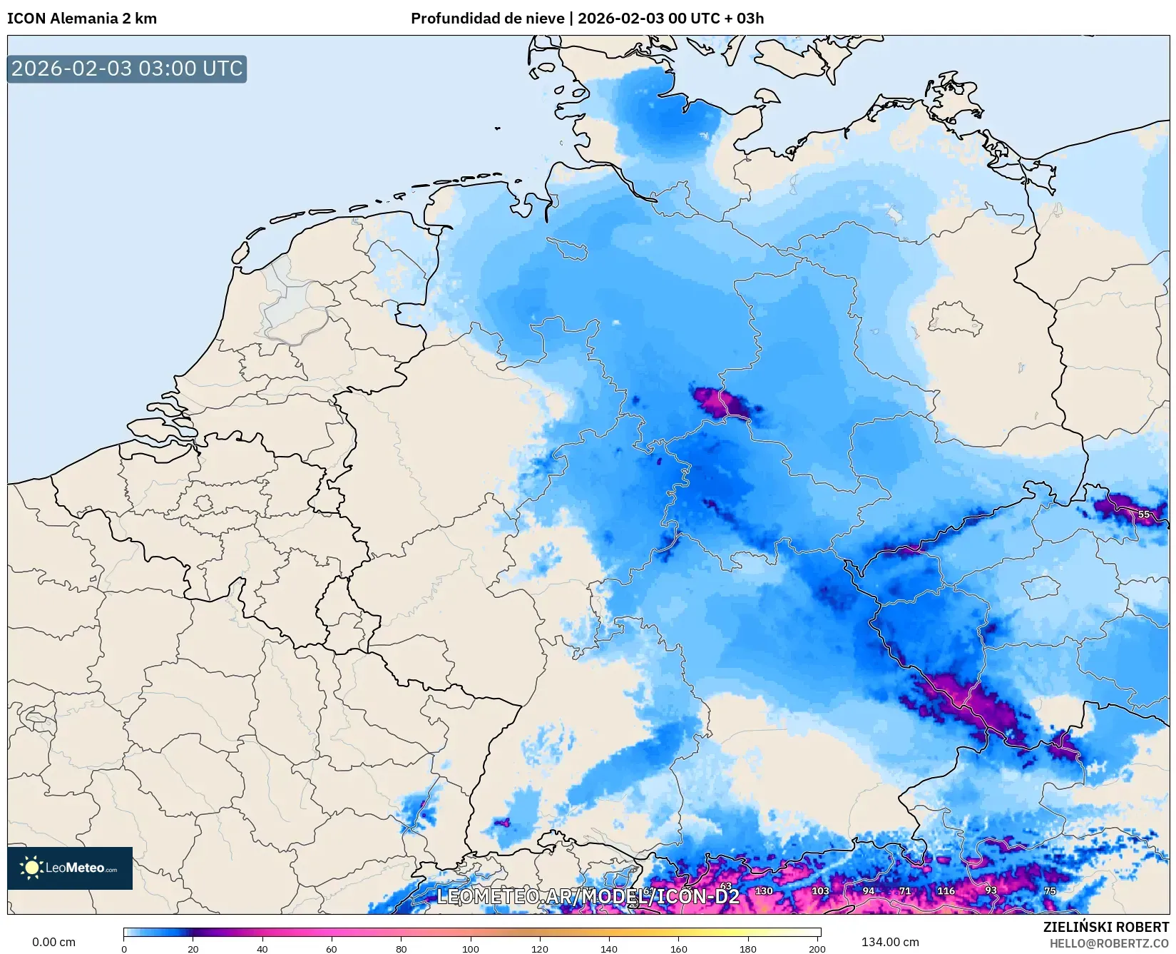 ICON Alemania 2 km model - Alemania, Profundidad de nieve