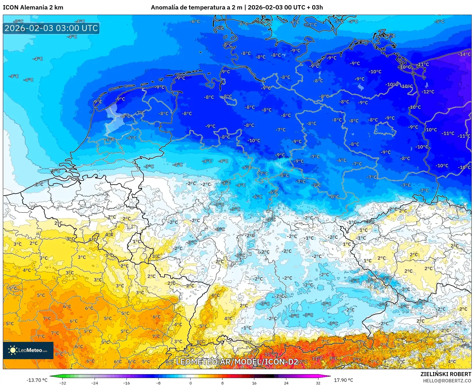ICON Alemania 2 km model - Alemania, Anomalía de temperatura a 2 m