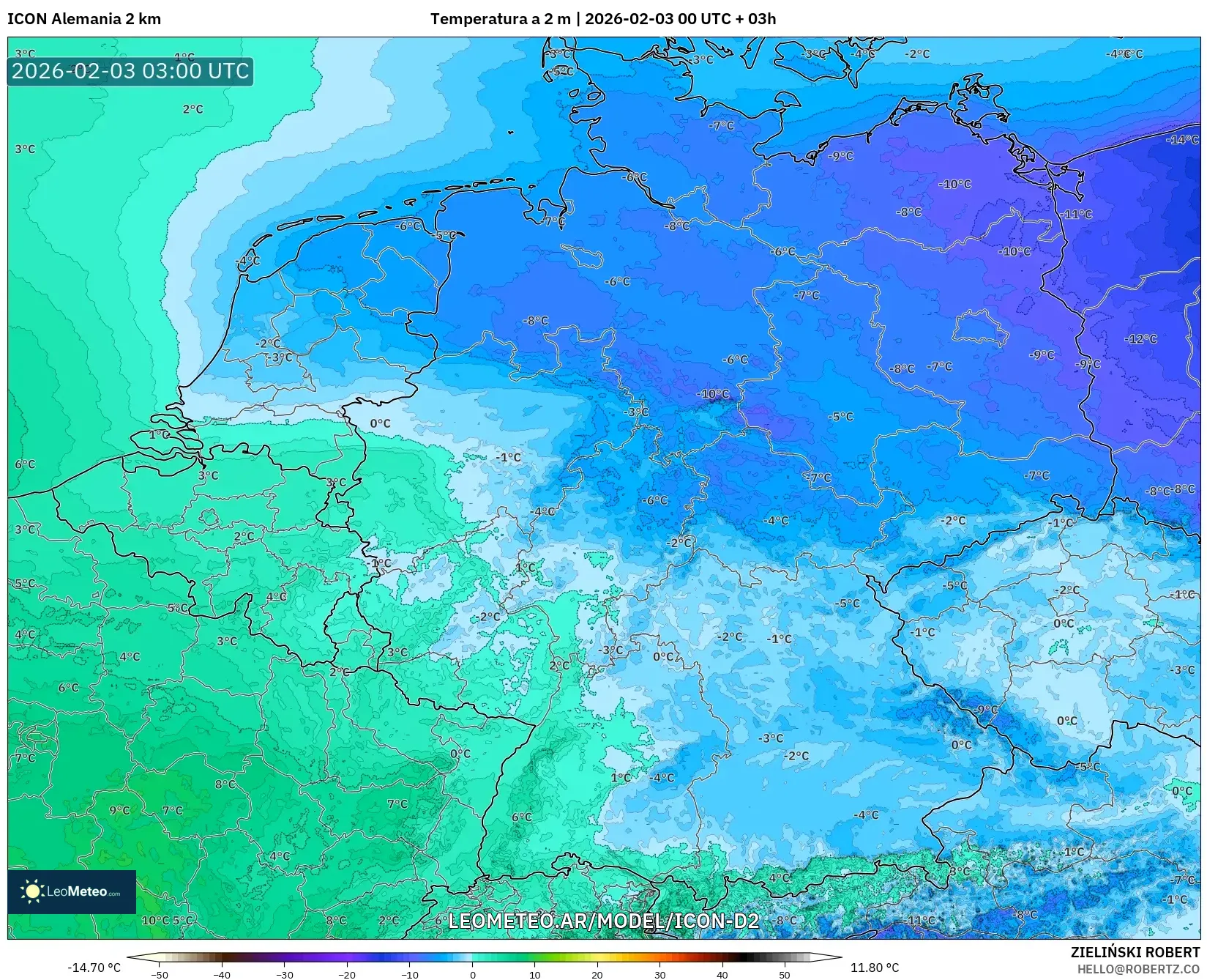 ICON Alemania 2 km model - Alemania, Temperatura a 2 m
