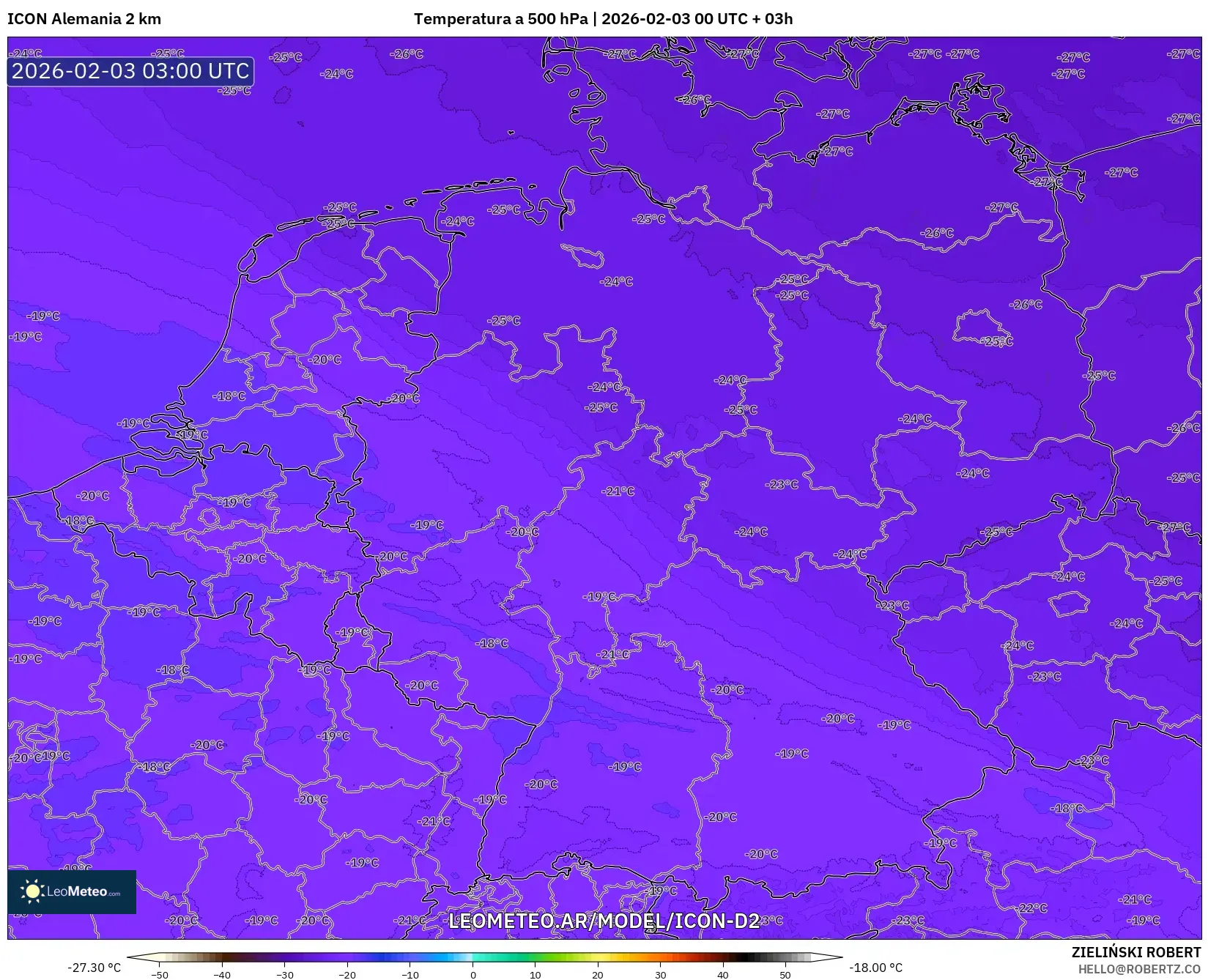ICON Alemania 2 km model - Alemania, Temperatura a 500 hPa