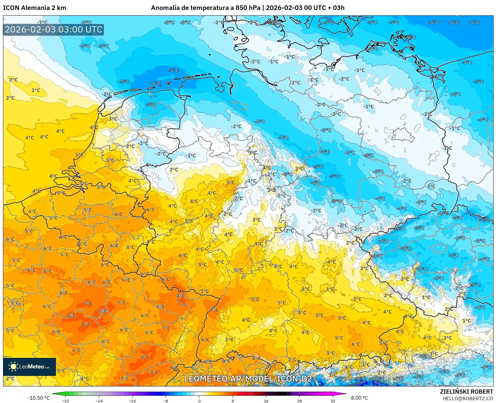 ICON Alemania 2 km model - Alemania, Anomalía de temperatura a 850 hPa