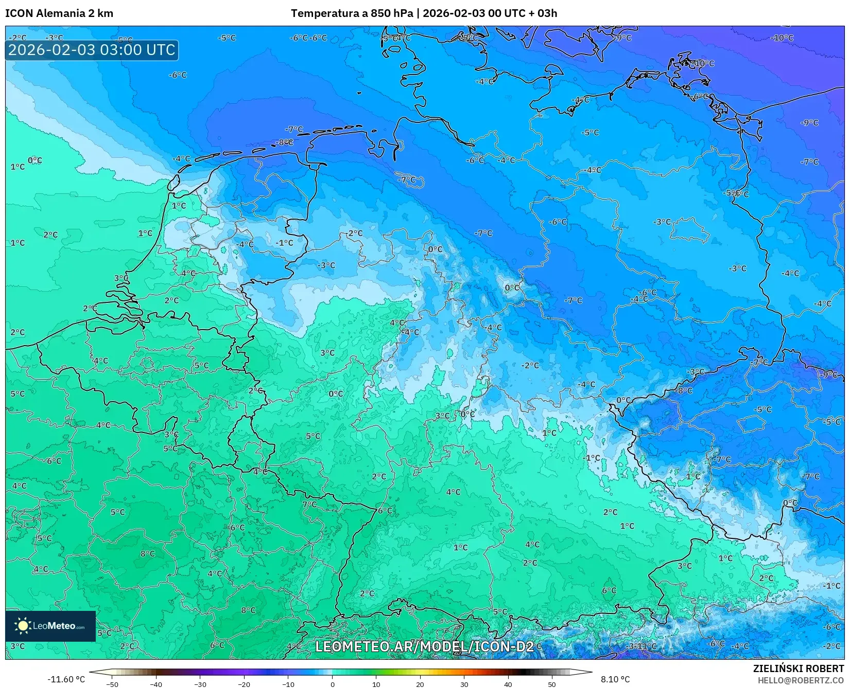 ICON Alemania 2 km model - Alemania, Temperatura a 850 hPa