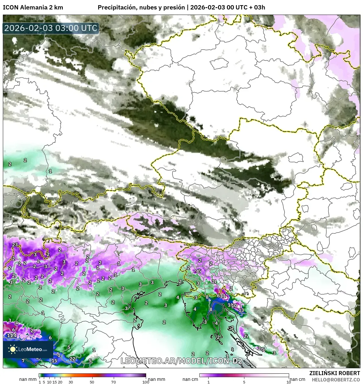 ICON Alemania 2 km model - Austria, Precipitación, nubes y presión