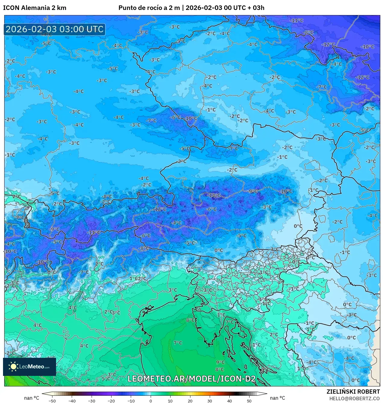 ICON Alemania 2 km model - Austria, Punto de rocío a 2 m