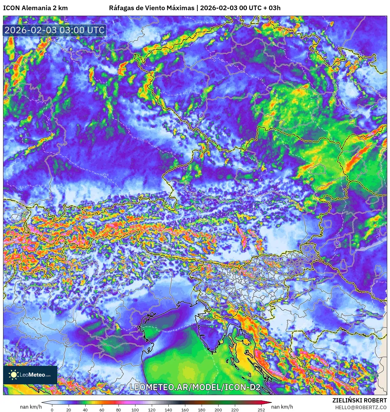 ICON Alemania 2 km model - Austria, Ráfagas de Viento Máximas