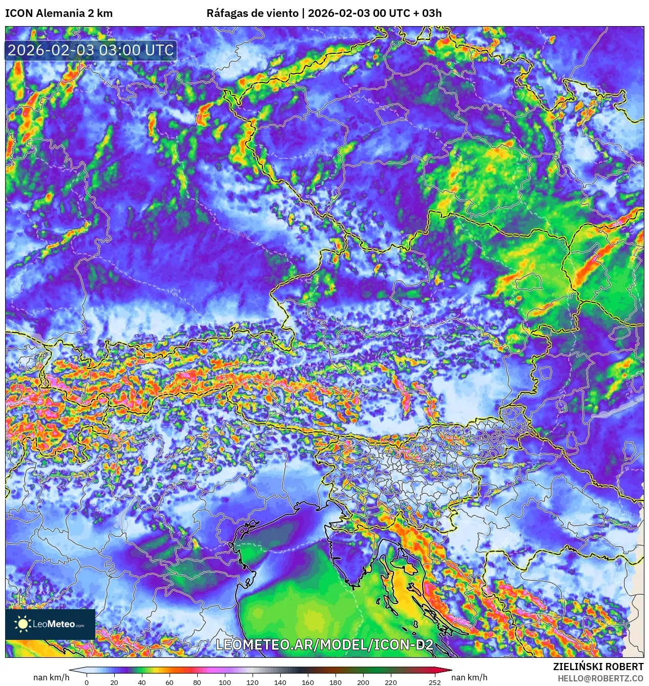 ICON Alemania 2 km model - Austria, Ráfagas de viento