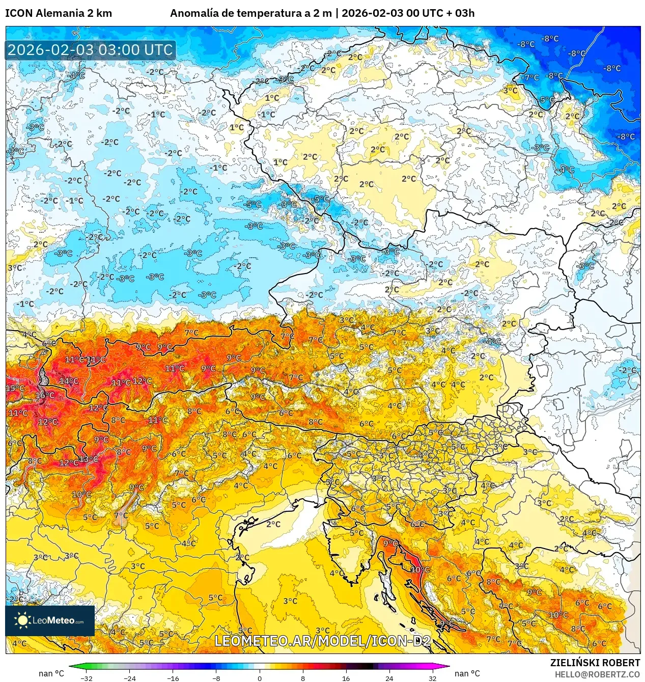 ICON Alemania 2 km model - Austria, Anomalía de temperatura a 2 m