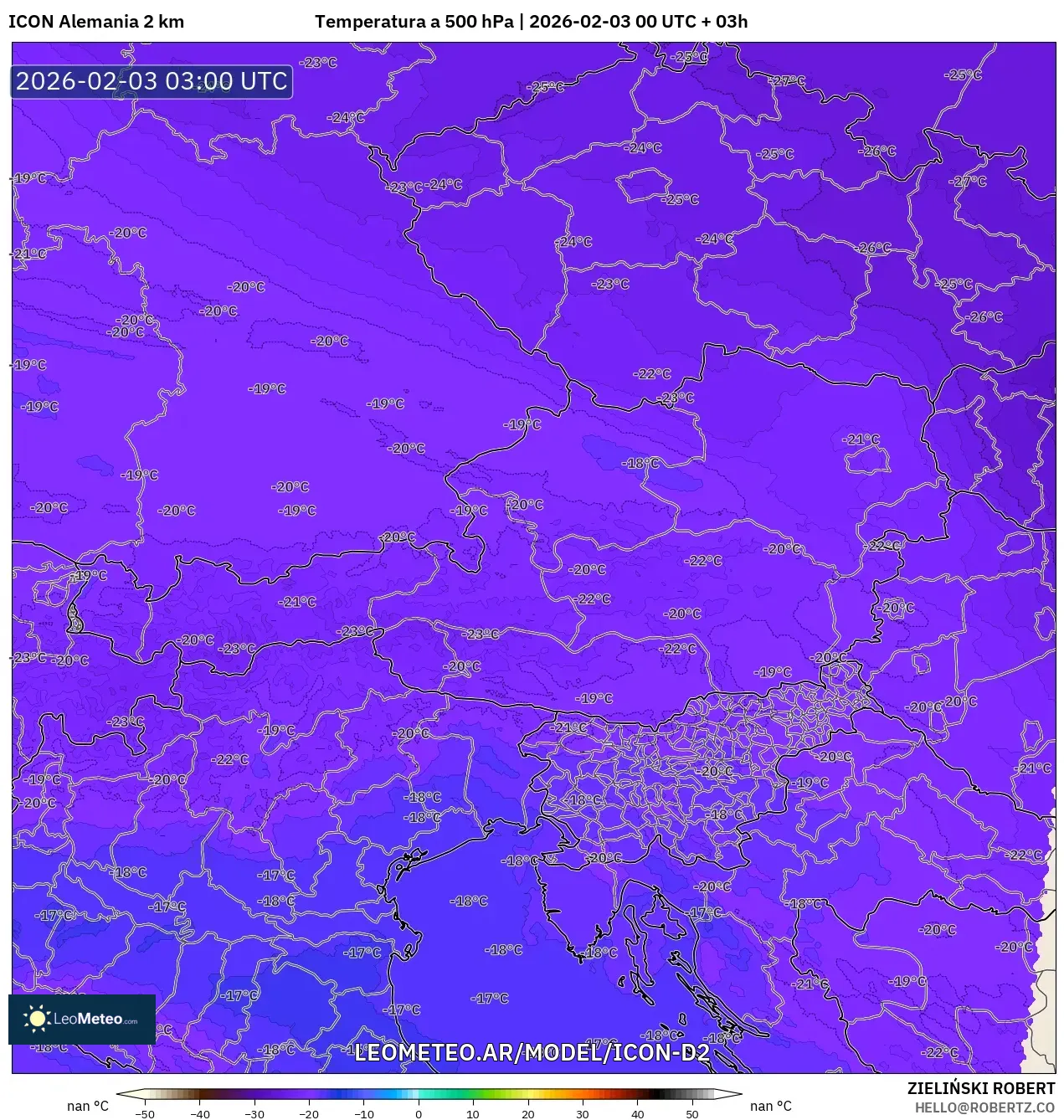 ICON Alemania 2 km model - Austria, Temperatura a 500 hPa