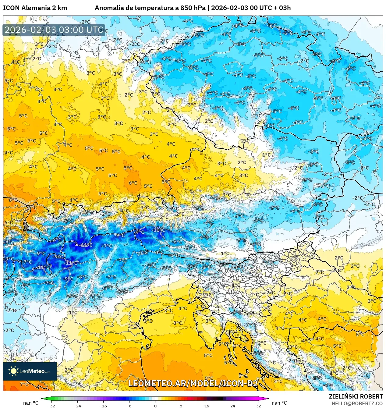 ICON Alemania 2 km model - Austria, Anomalía de temperatura a 850 hPa