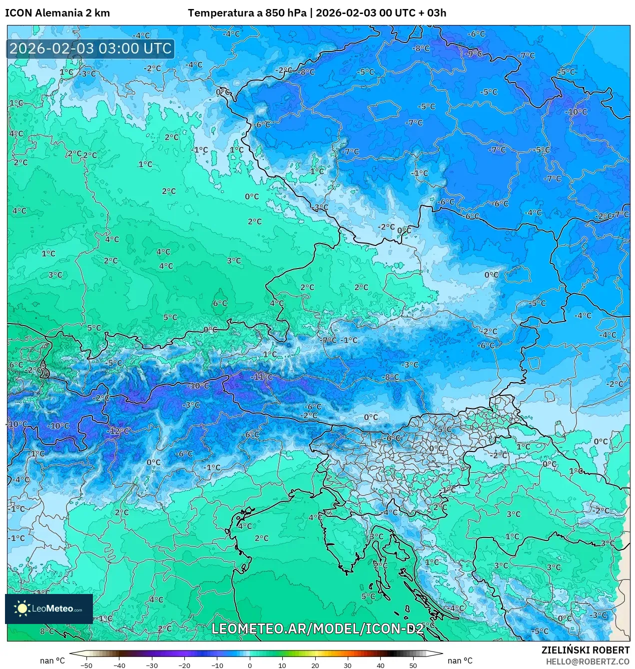 ICON Alemania 2 km model - Austria, Temperatura a 850 hPa