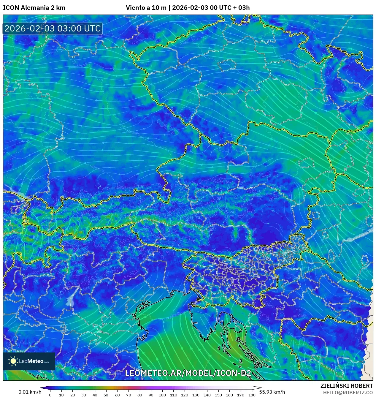 ICON Alemania 2 km model - Austria, Viento a 10 m