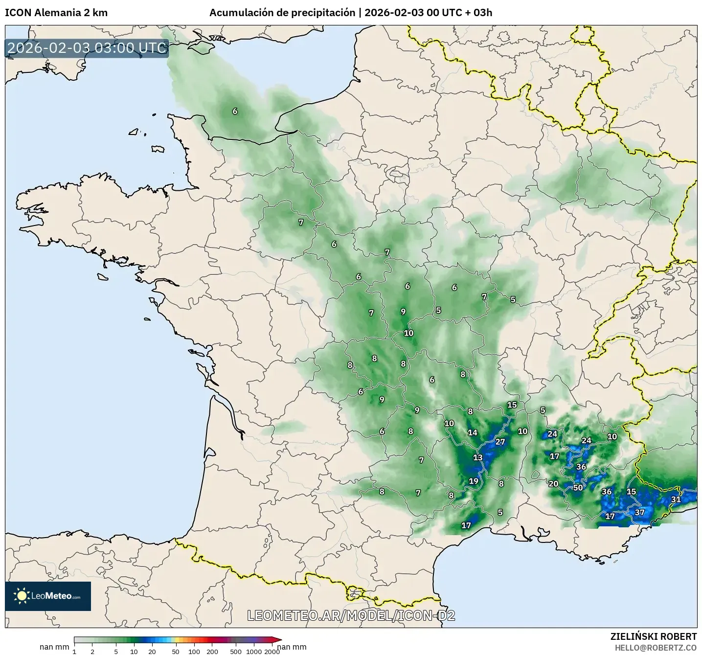 ICON Alemania 2 km model - Francia, Acumulación de precipitación