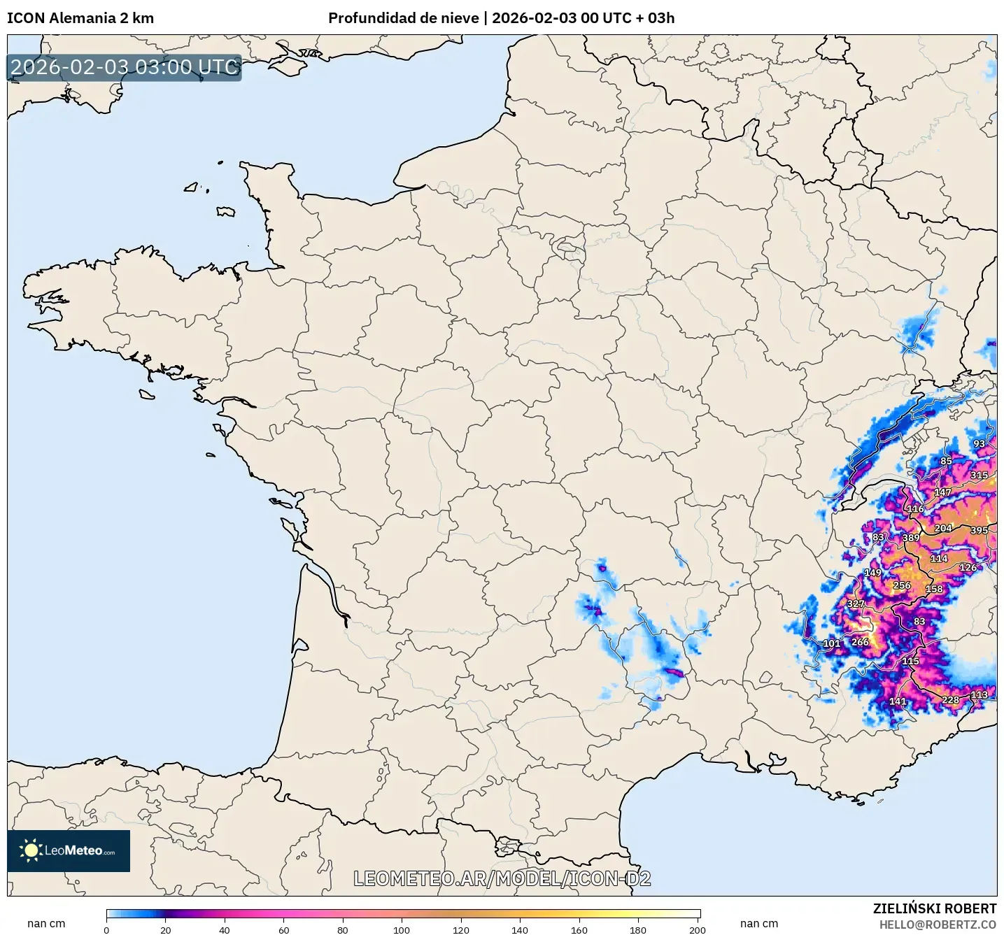 ICON Alemania 2 km model - Francia, Profundidad de nieve