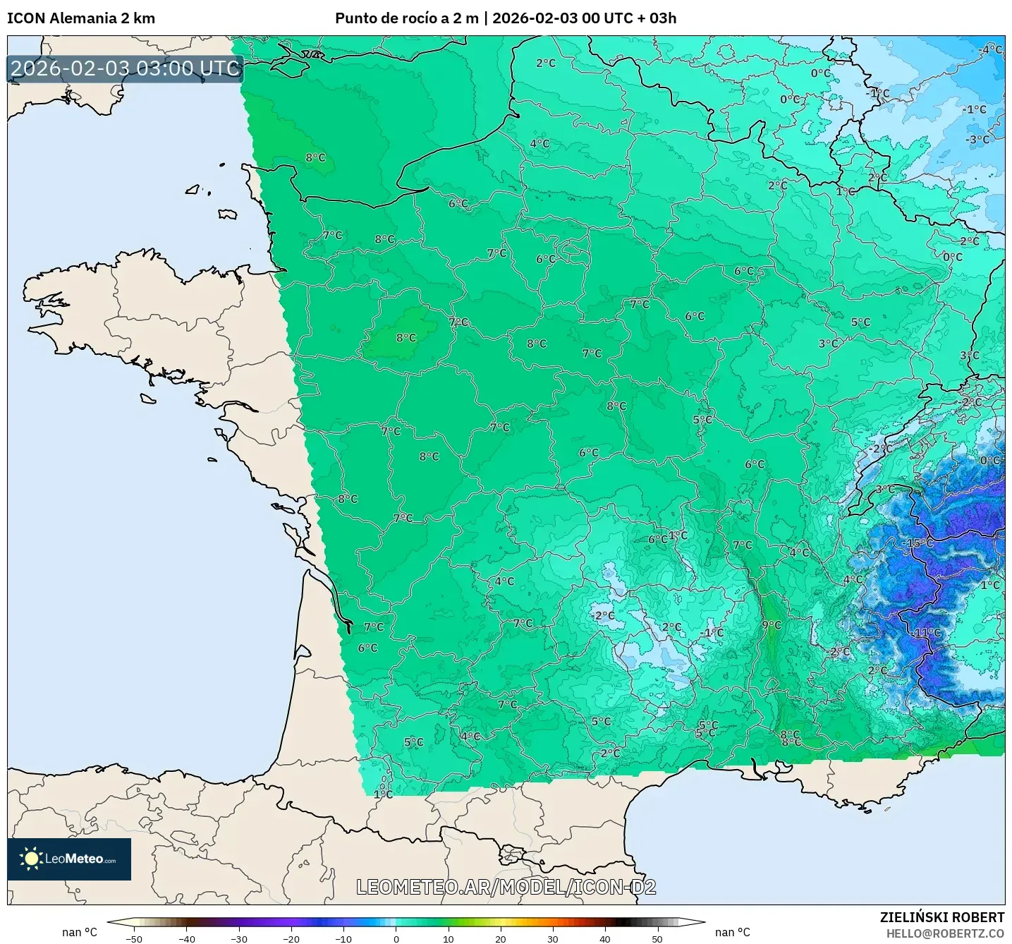 ICON Alemania 2 km model - Francia, Punto de rocío a 2 m