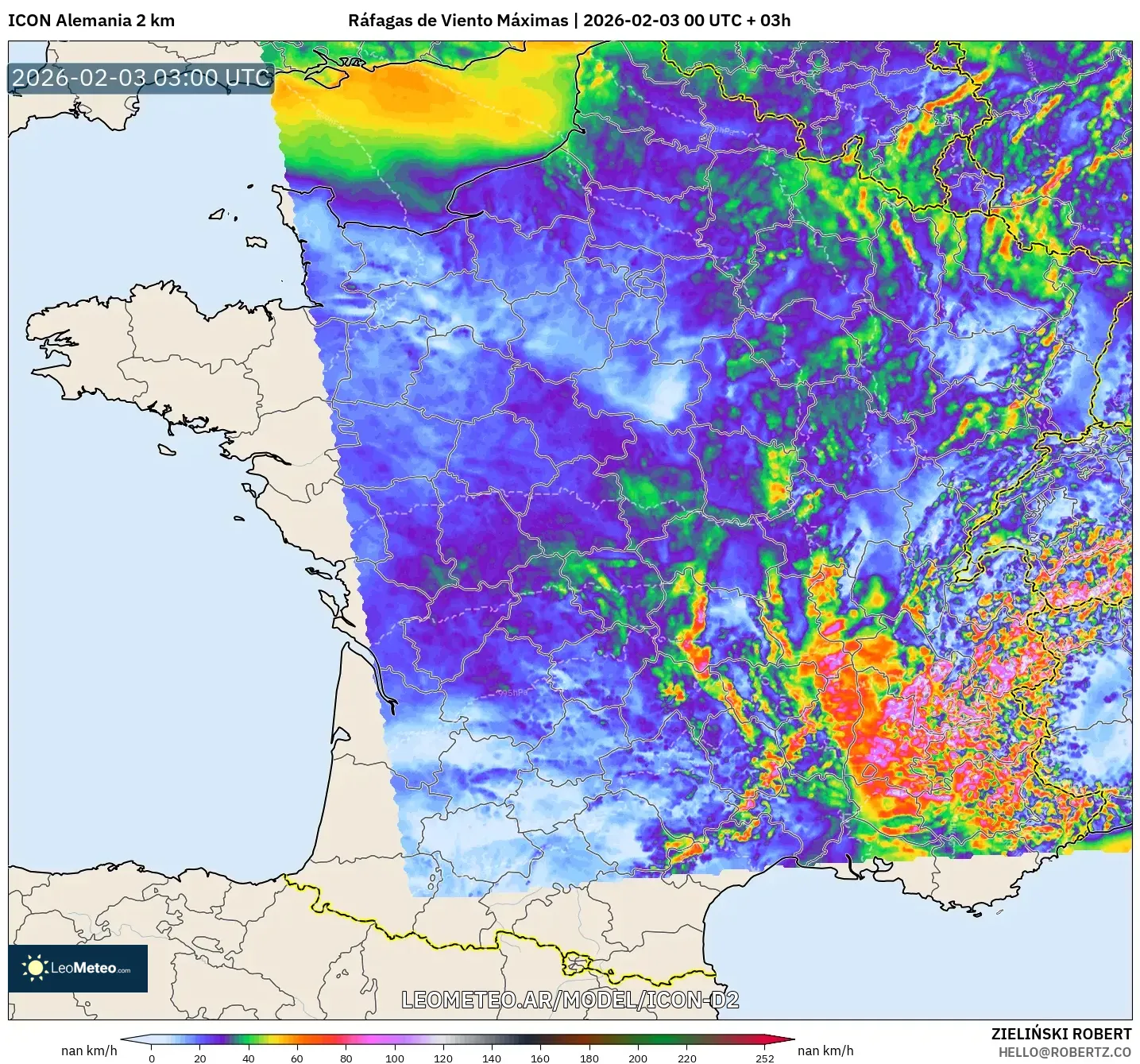 ICON Alemania 2 km model - Francia, Ráfagas de Viento Máximas