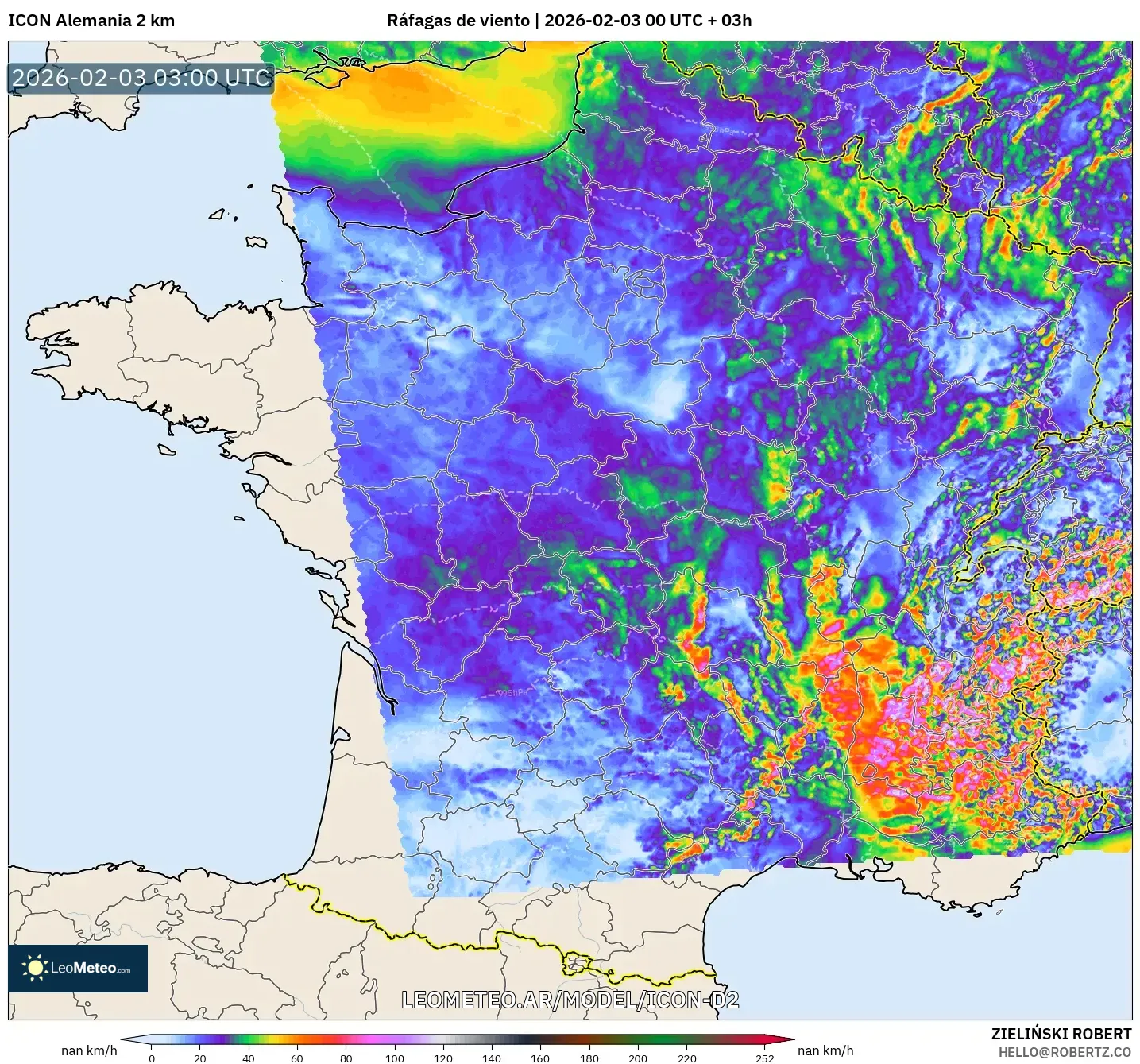 ICON Alemania 2 km model - Francia, Ráfagas de viento