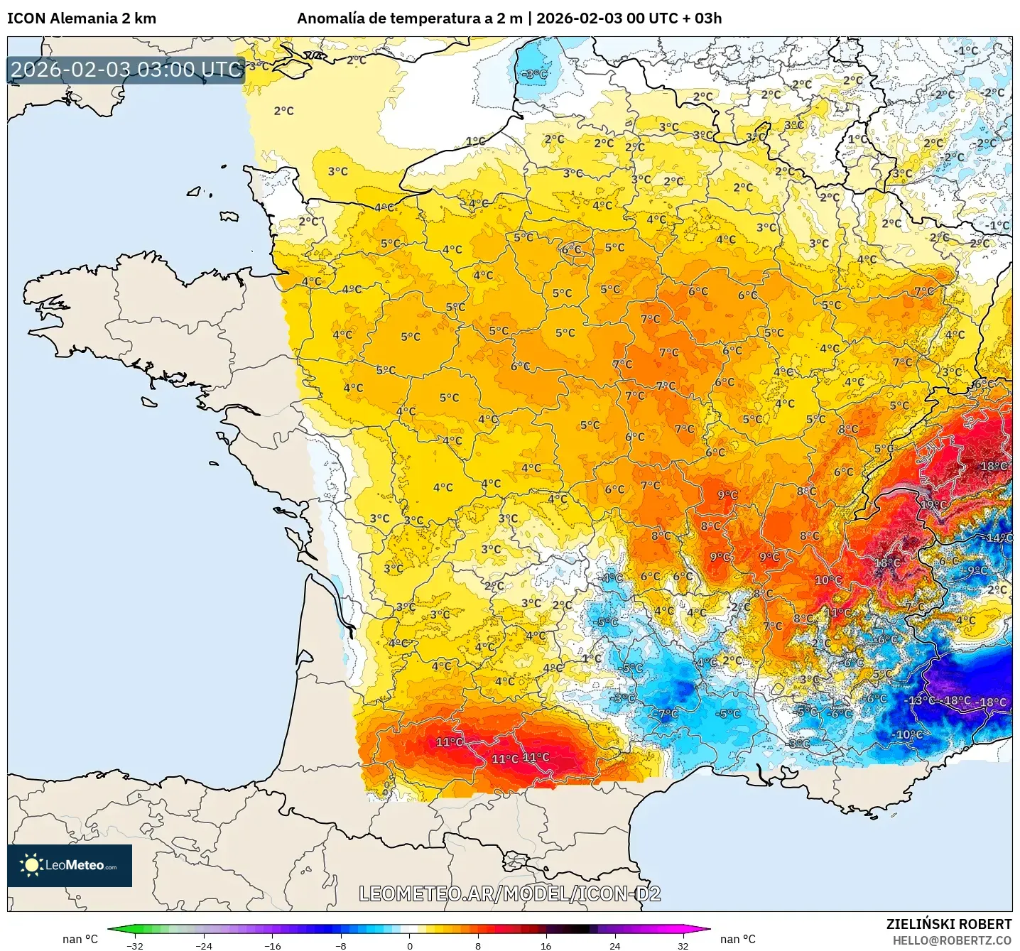 ICON Alemania 2 km model - Francia, Anomalía de temperatura a 2 m