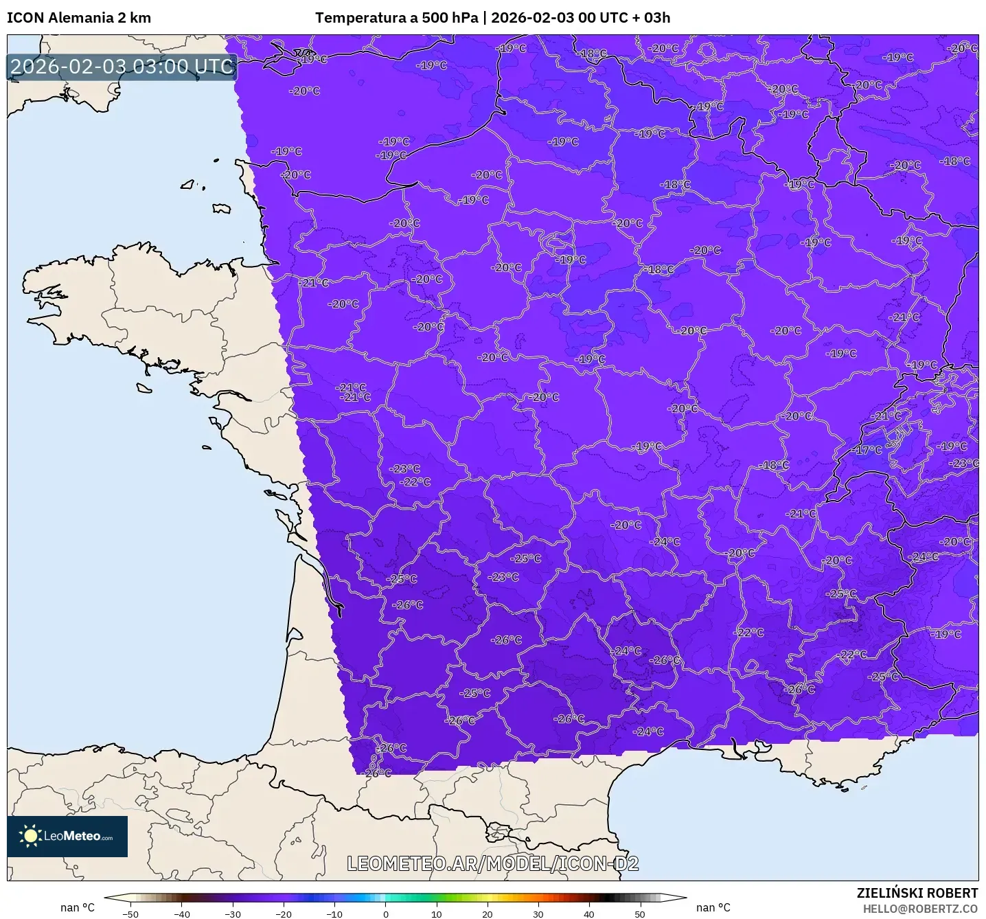 ICON Alemania 2 km model - Francia, Temperatura a 500 hPa