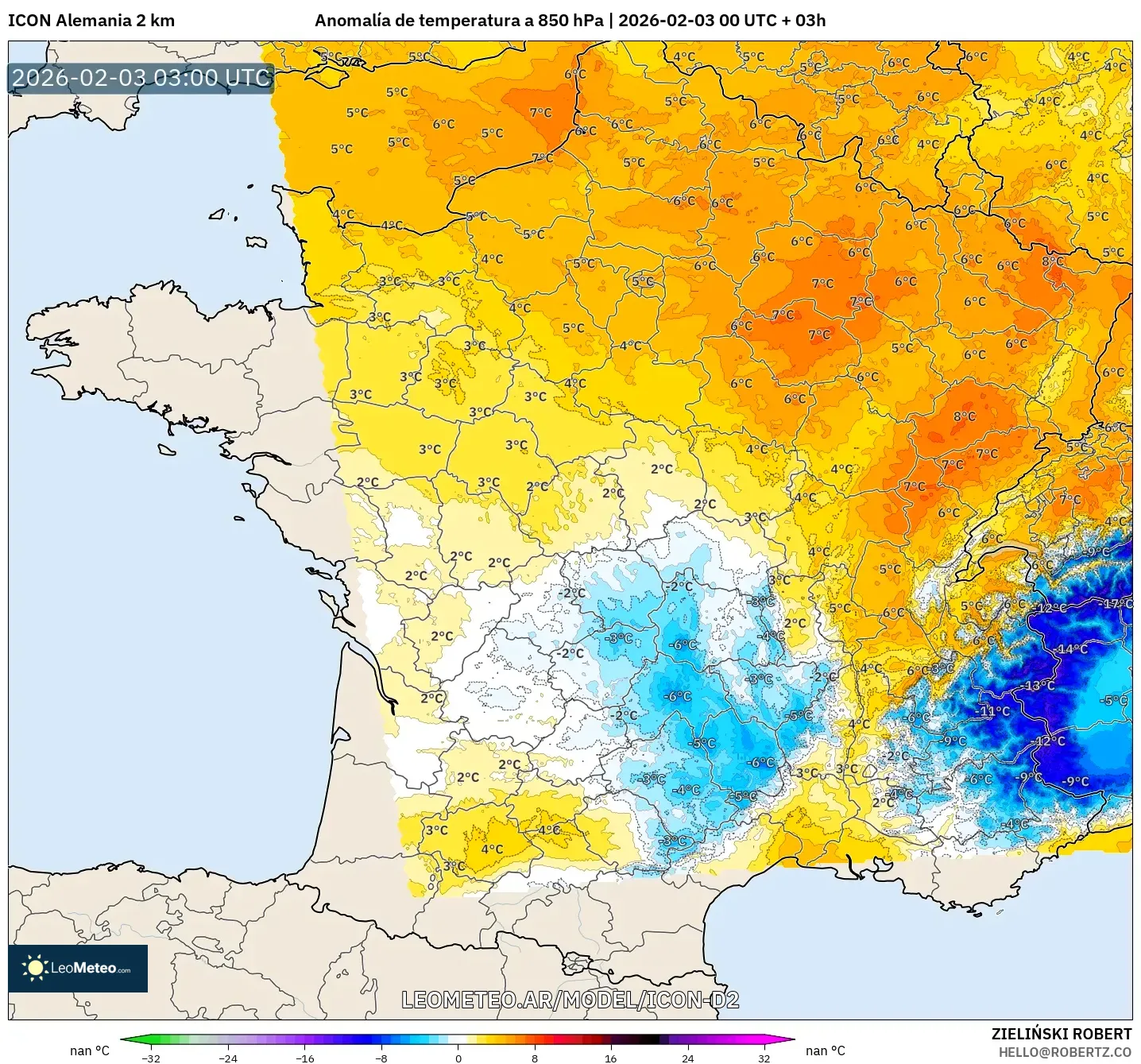 ICON Alemania 2 km model - Francia, Anomalía de temperatura a 850 hPa