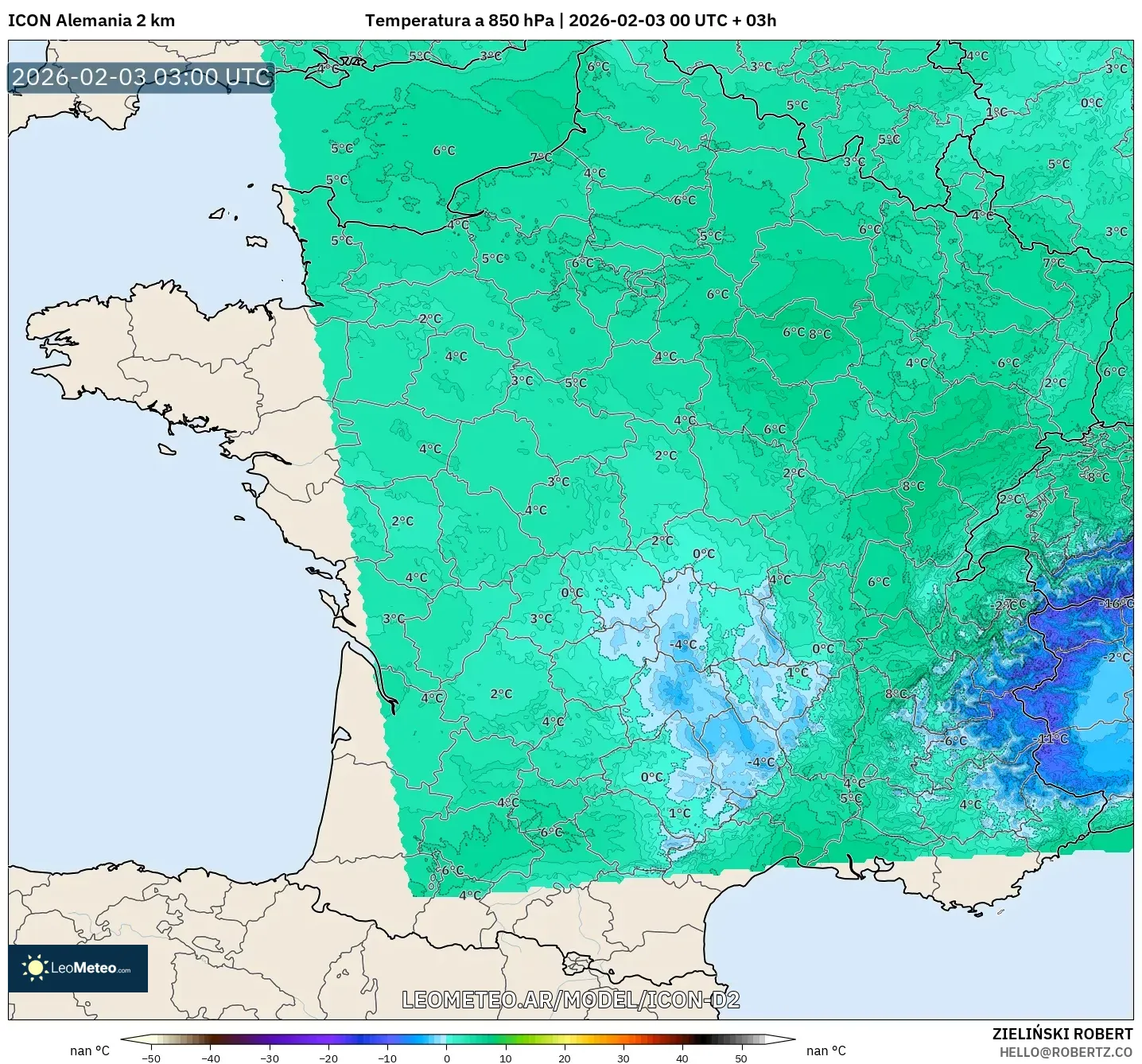 ICON Alemania 2 km model - Francia, Temperatura a 850 hPa