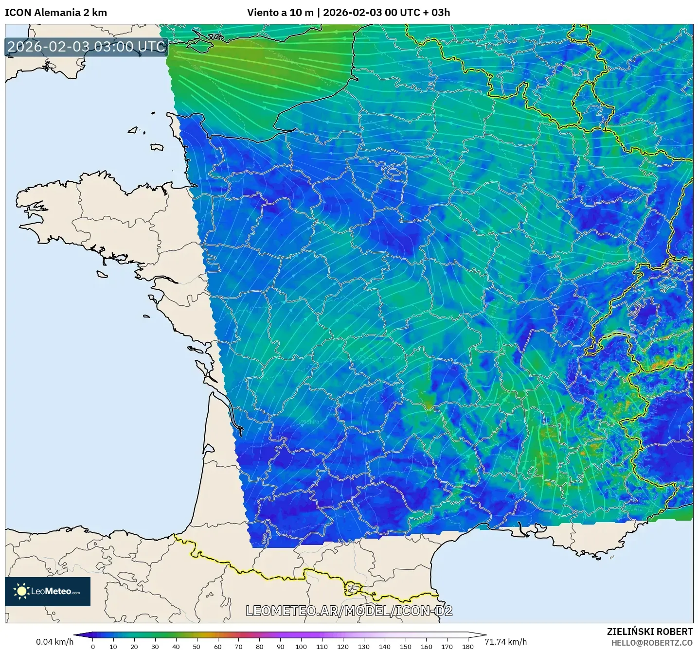 ICON Alemania 2 km model - Francia, Viento a 10 m